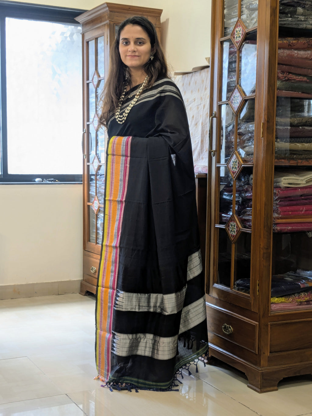 Handloom Black Ilkal Ganga Jamuna Border Saree