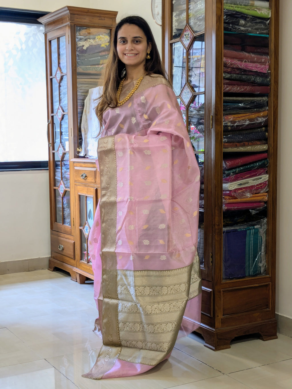 Baby Pink Hand Block Printed Chanderi Silk Saree
