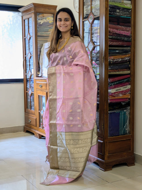 Baby Pink Hand Block Printed Chanderi Silk Saree