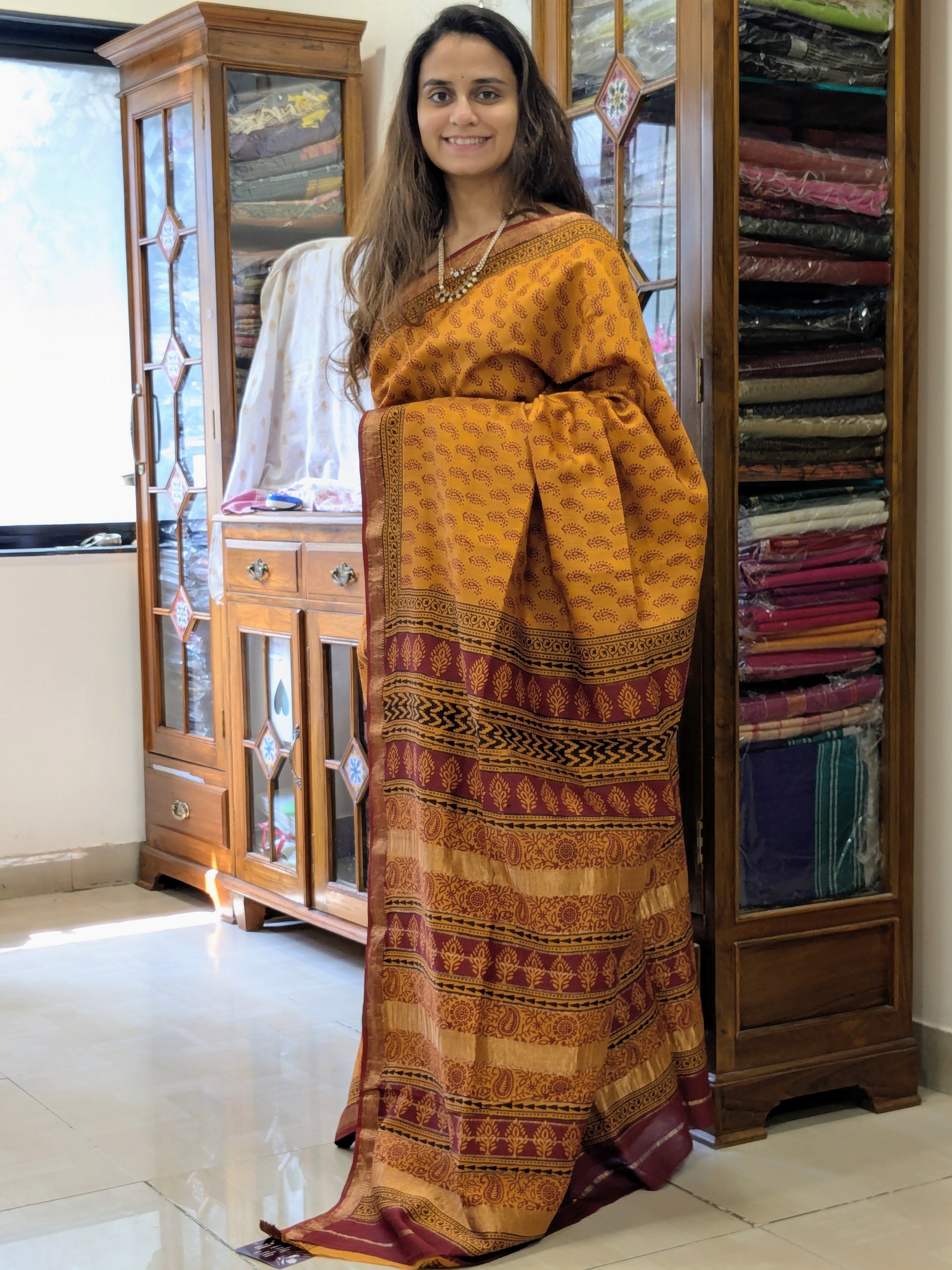Maheshwari Yellow Handloom Bagh Handblock Print Saree