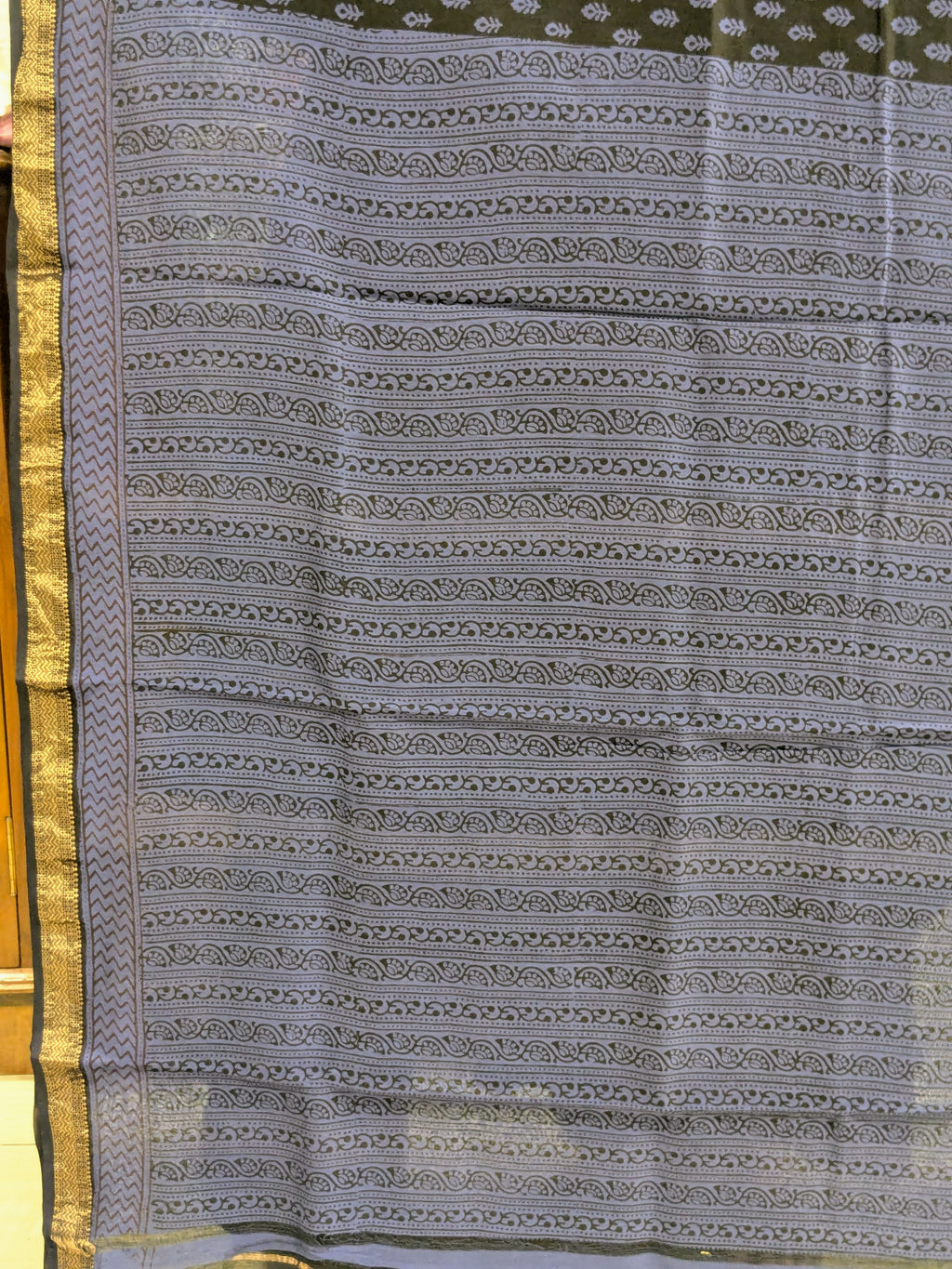 Maheshwari Black and Blue Handloom & Handblock Bagh Print Saree