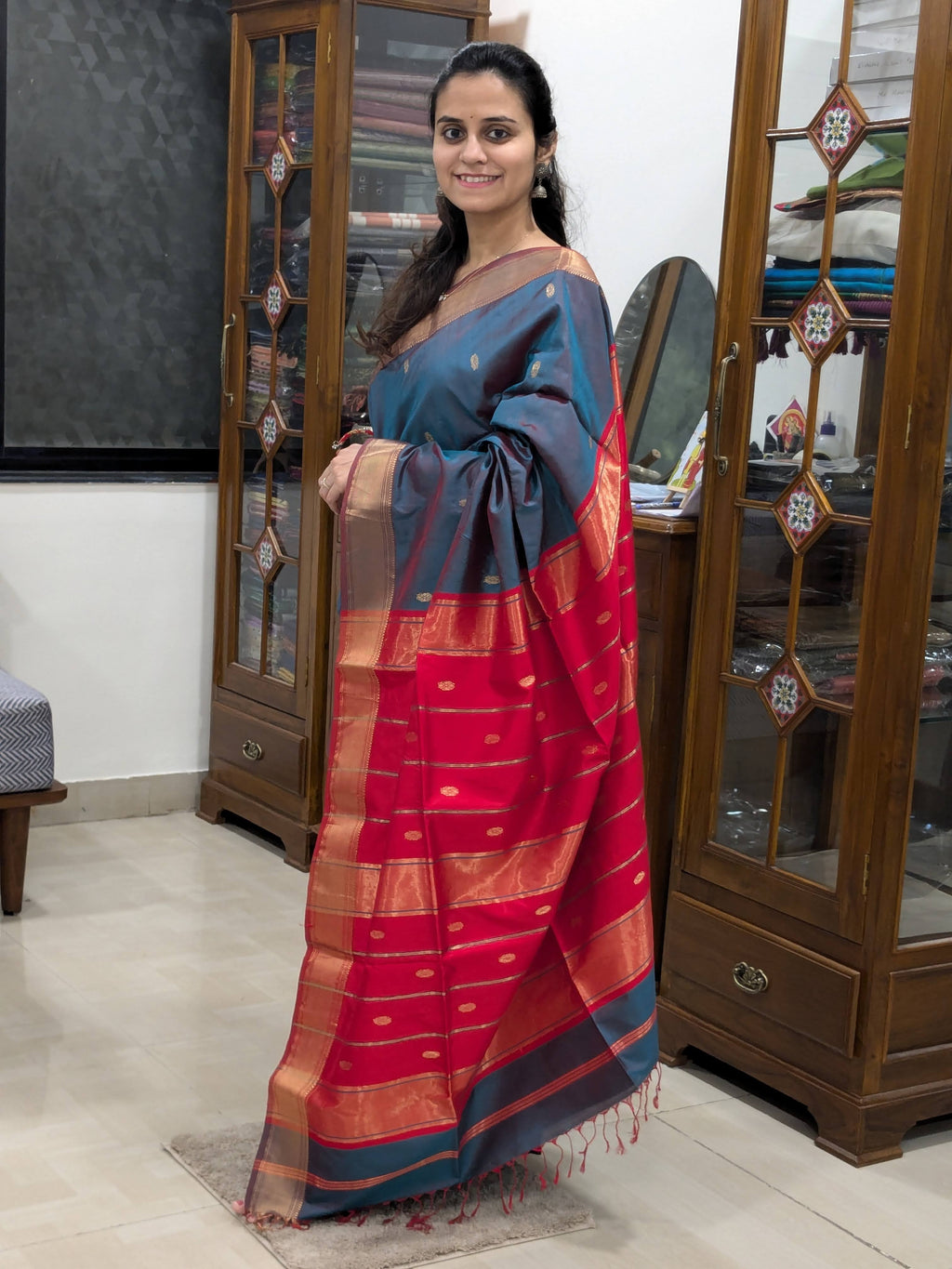 Maheshwari Blue Pure Silk Saree with Red Pallu