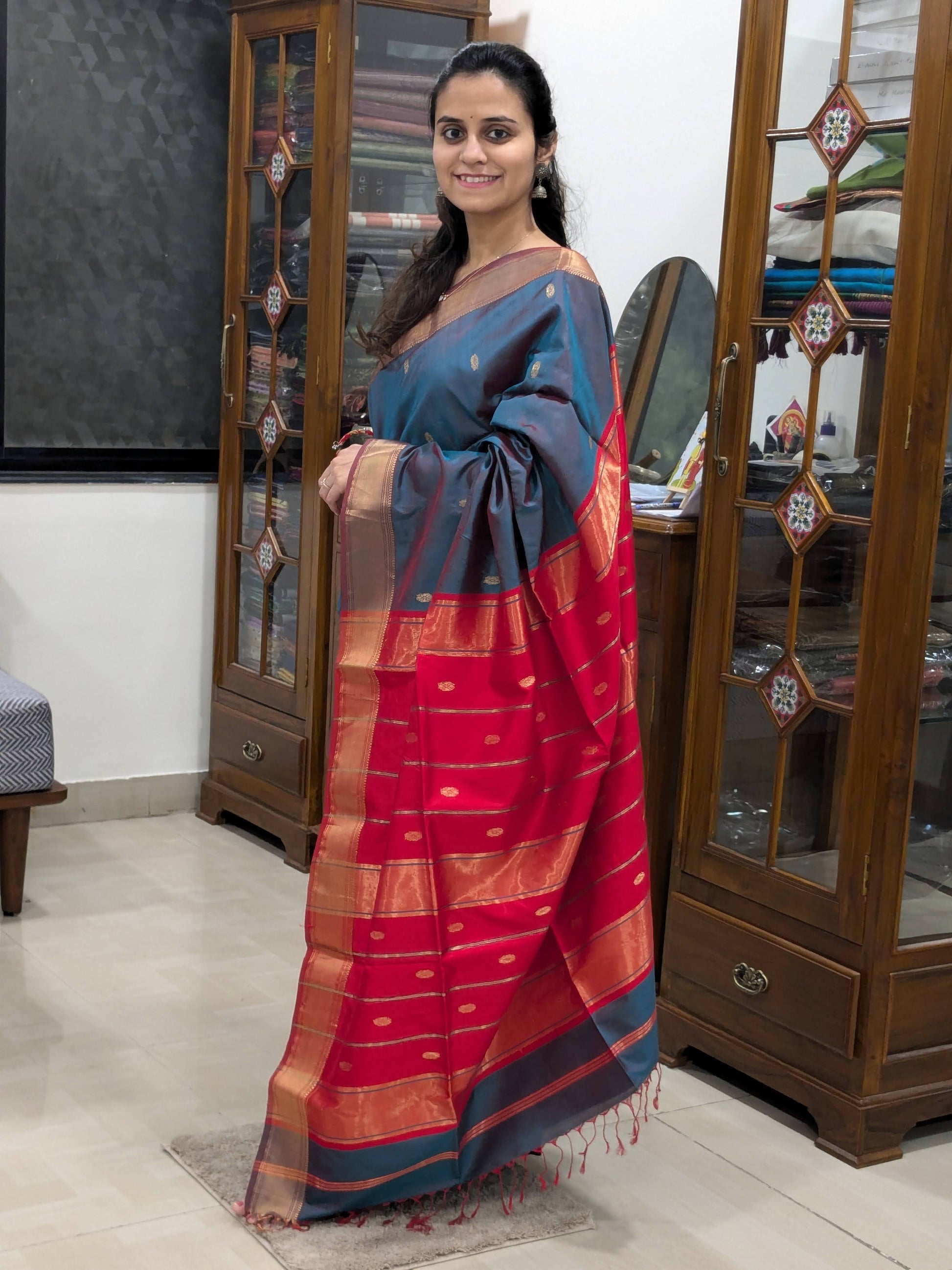 Maheshwari Blue Pure Silk Saree with Red Pallu
