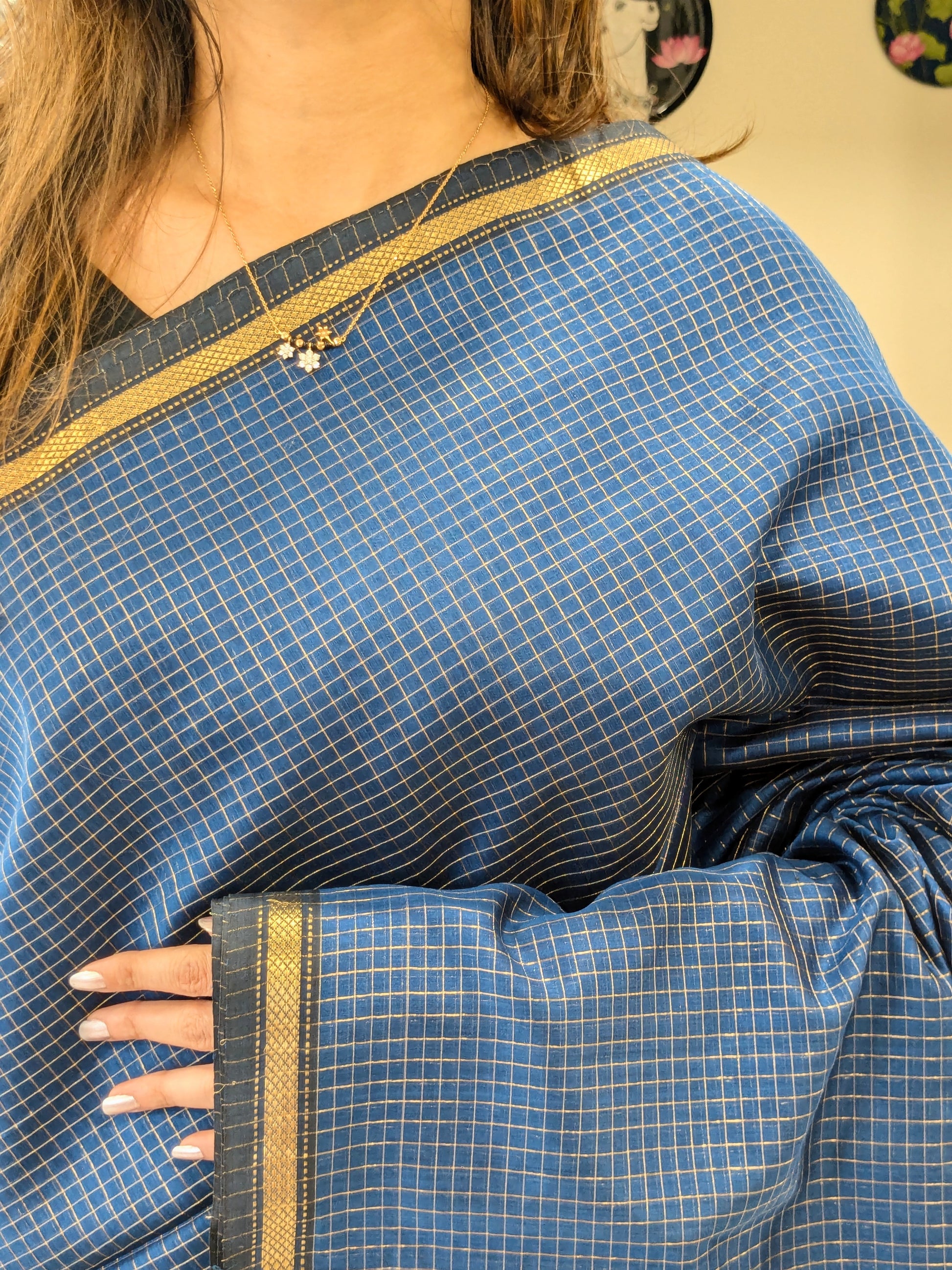 Maheshwari Zari Checks Blue Saree with Heavy Pallu