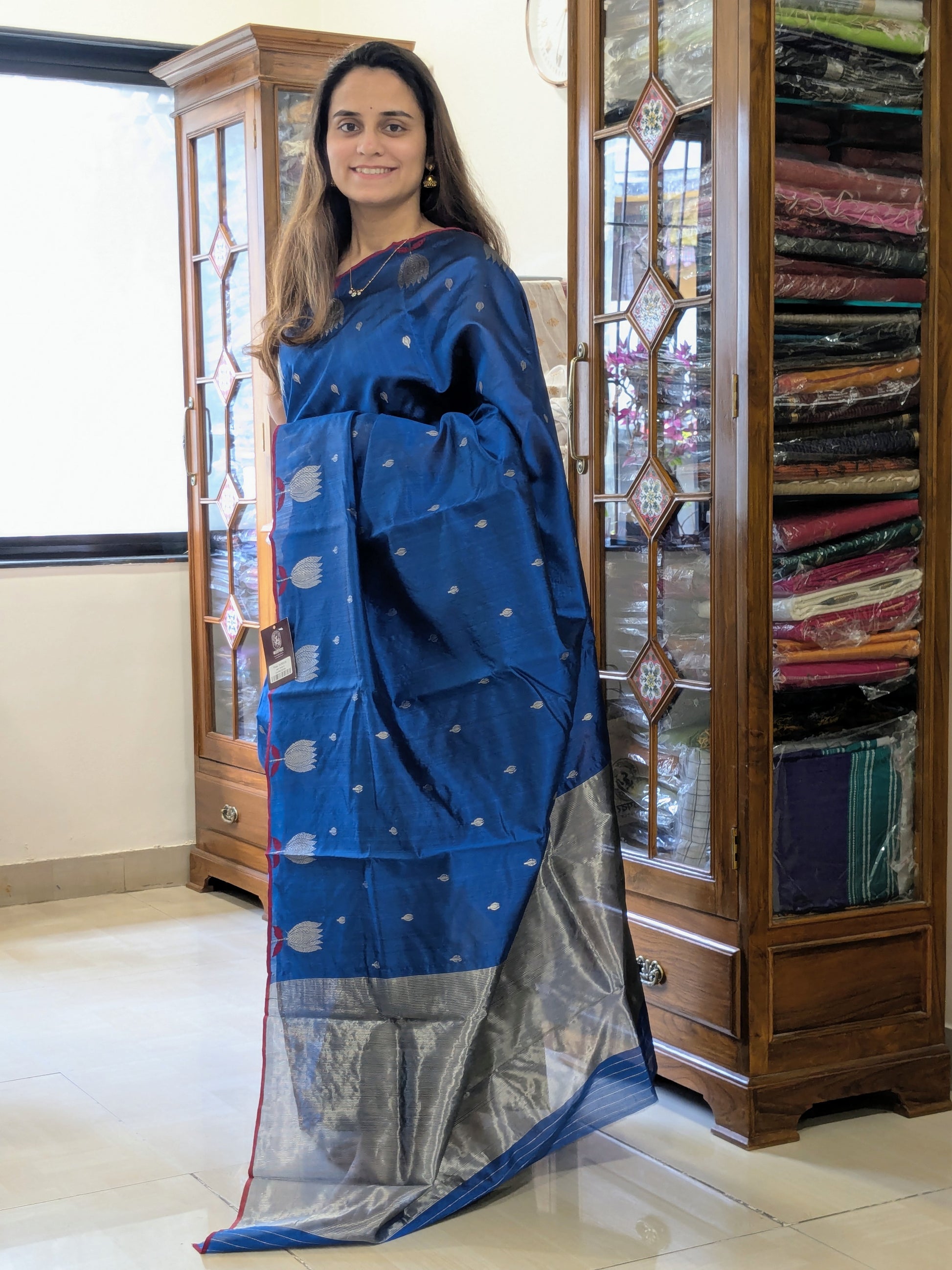 Handloom Peacock Blue Chanderi Silk Saree