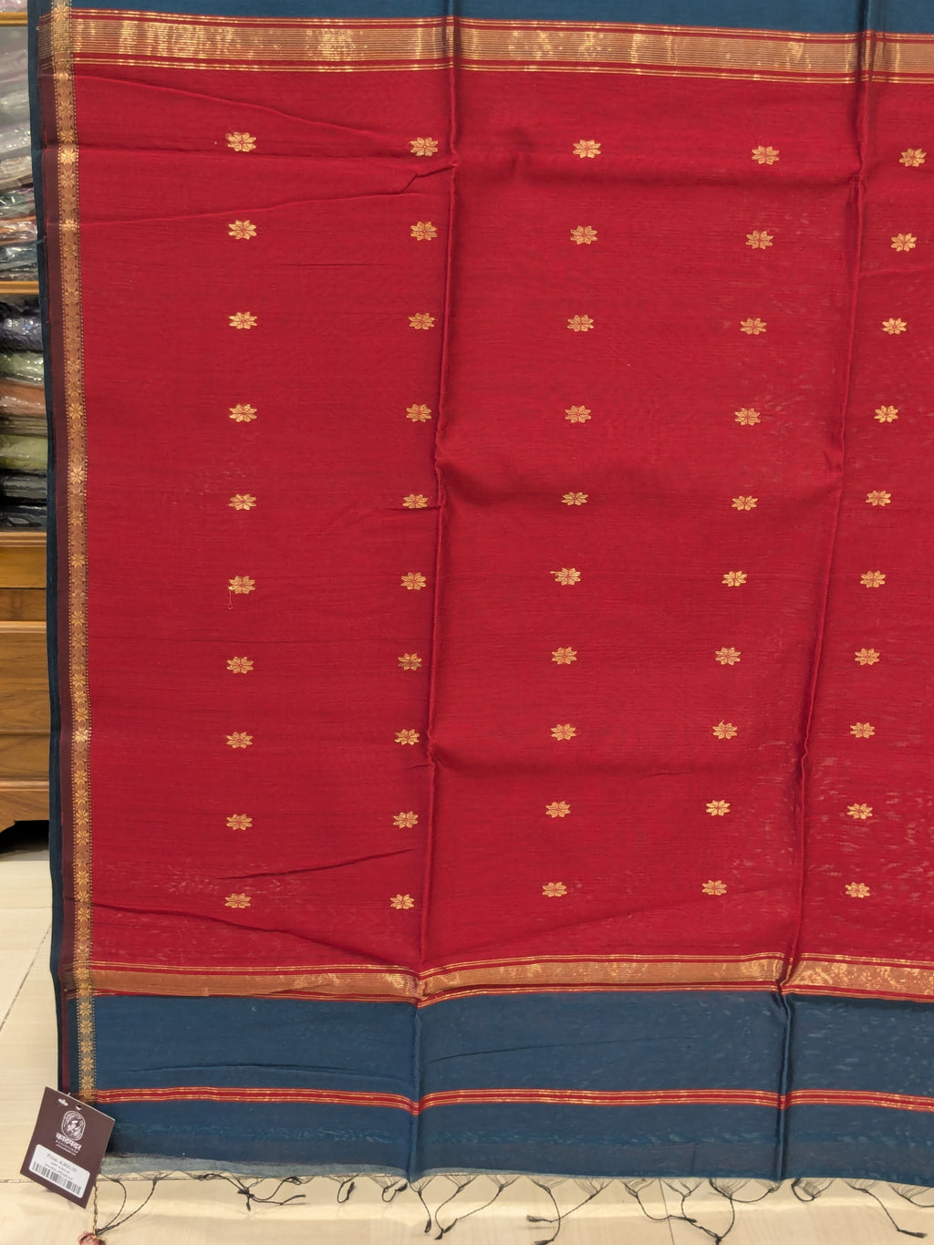 Peacock Blue and Red  Maheshwari Handloom Saree