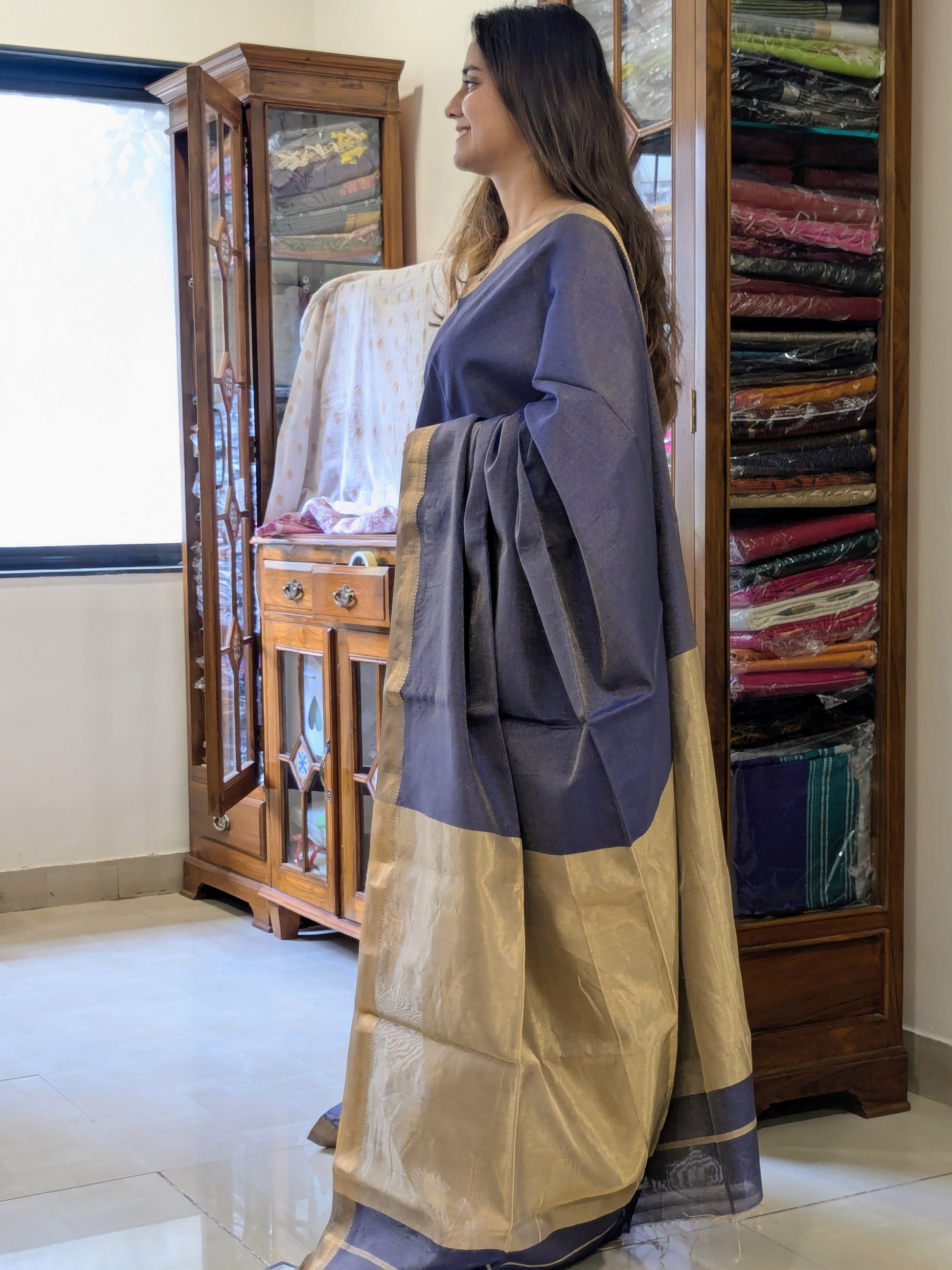 Maheshwari Royal Blue Tissue Cotton Saree