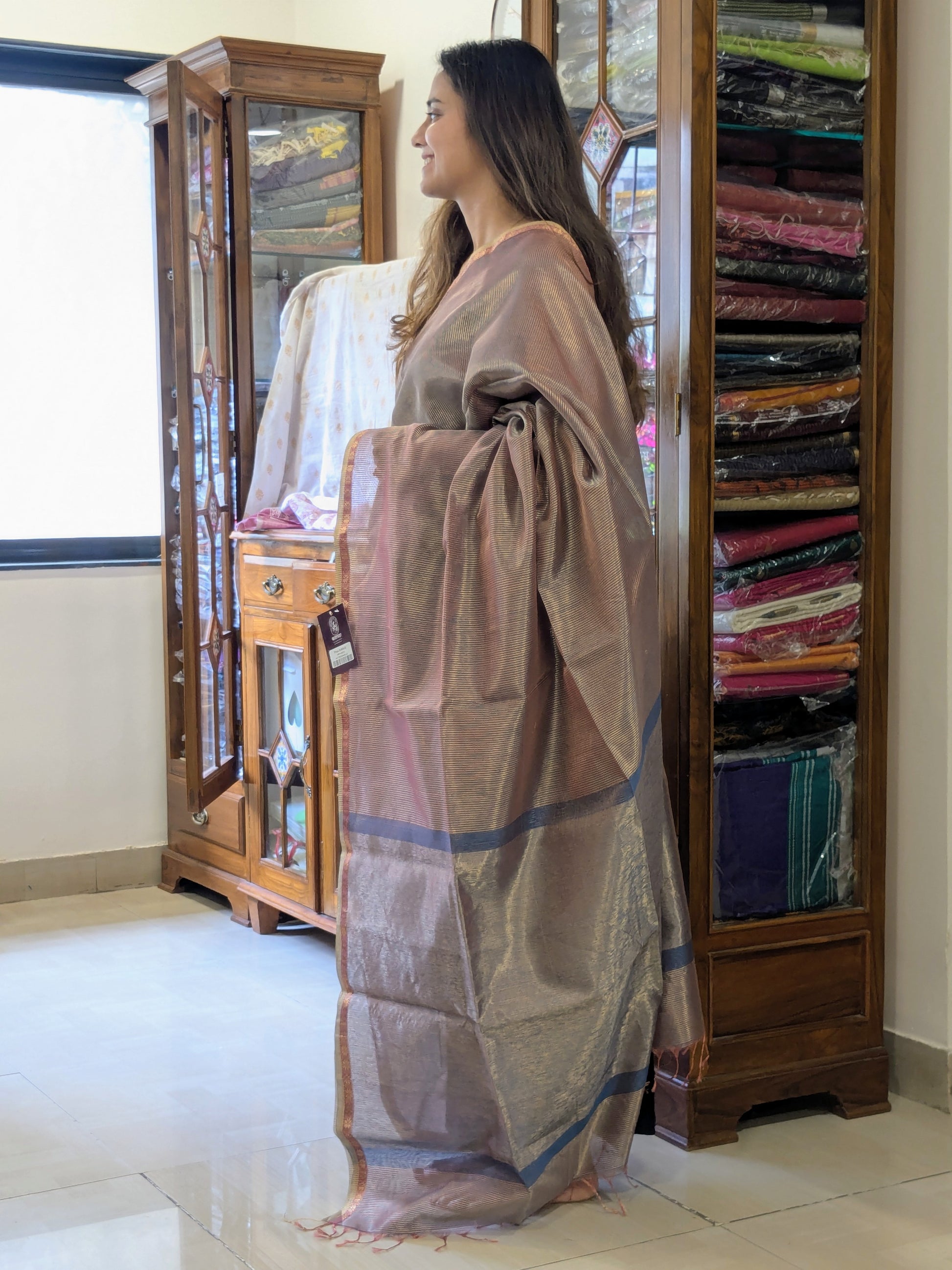 Maheshwari Blue Tissue Silk Saree