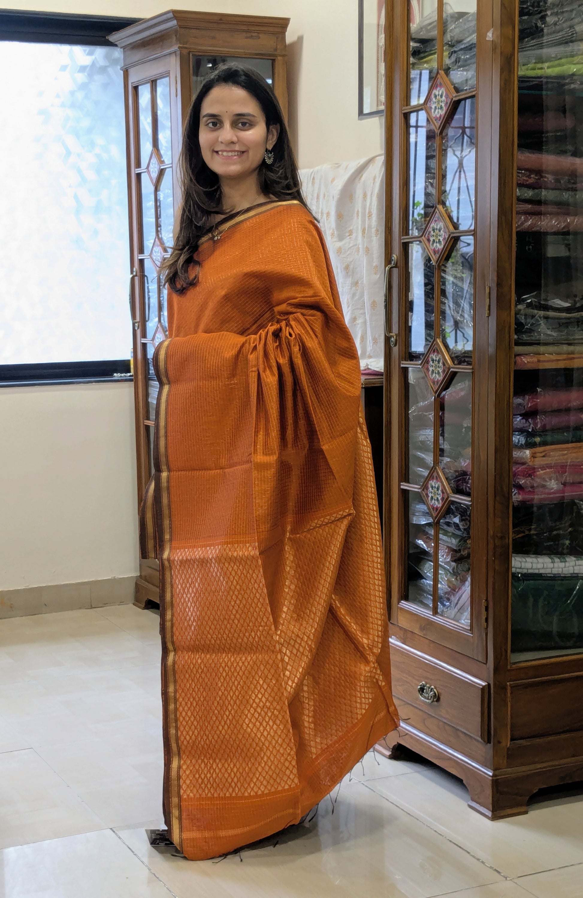 Maheshwari Zari Checks Orange Saree with Heavy Pallu