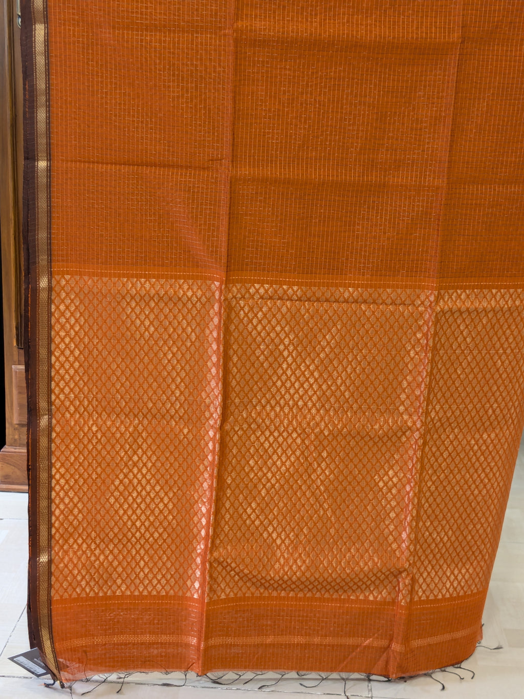 Maheshwari Zari Checks Orange Saree with Heavy Pallu