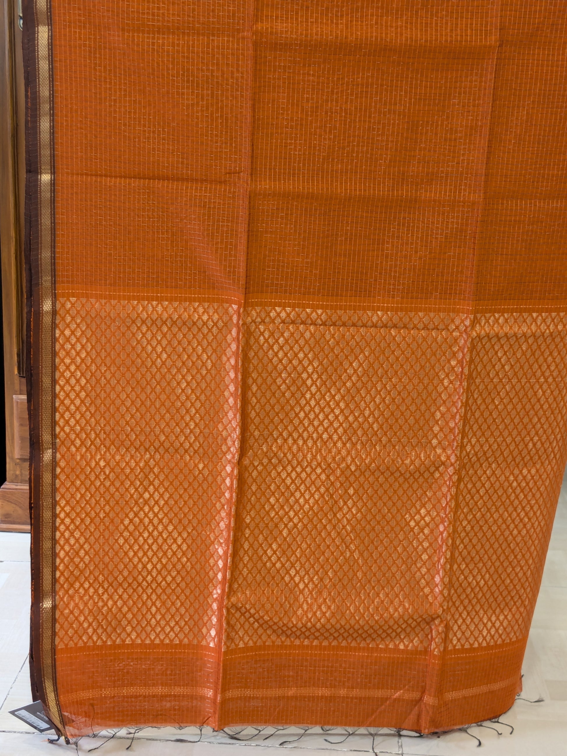Maheshwari Zari Checks Orange Saree with Heavy Pallu