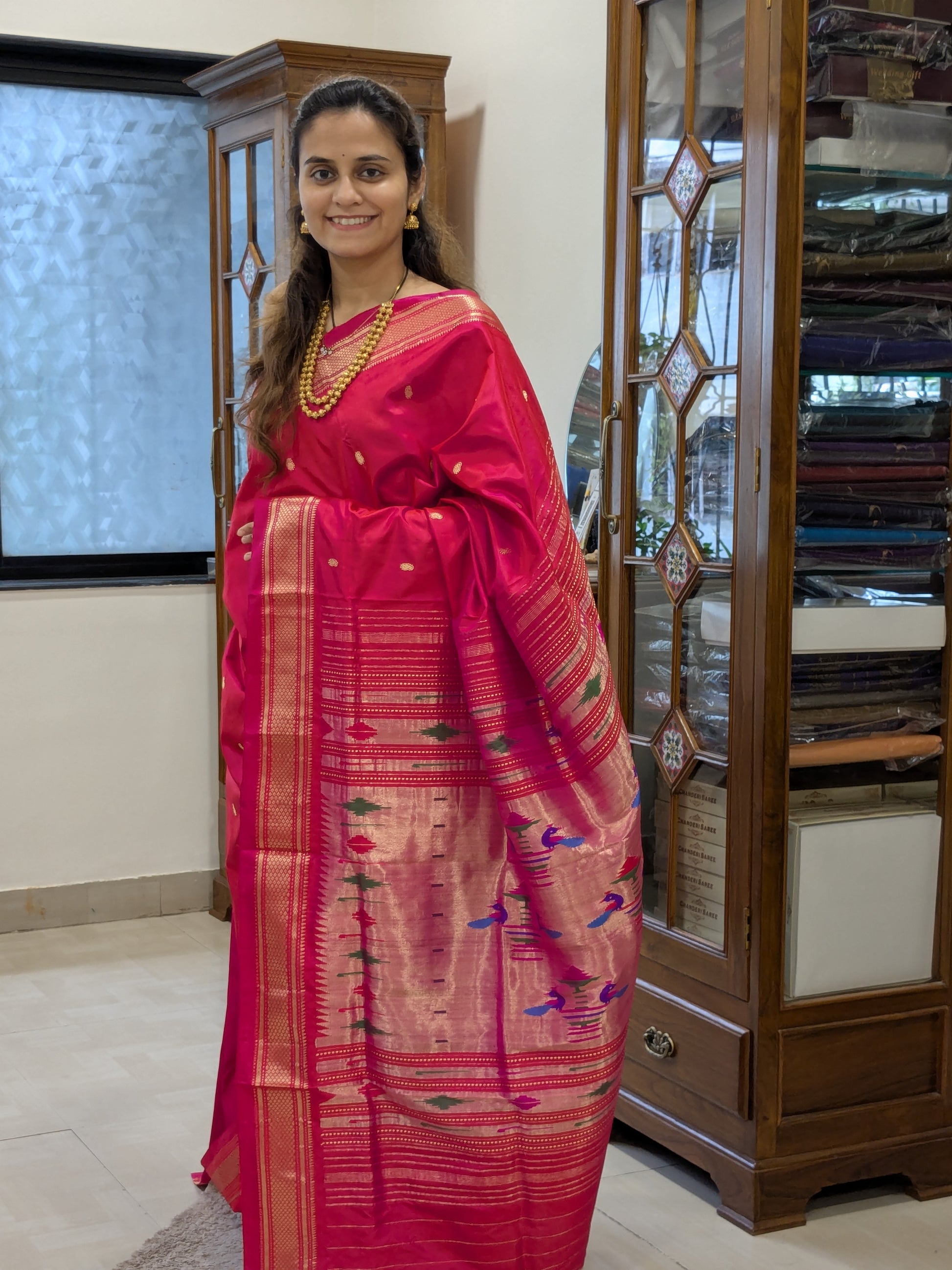 Full view of the rich silk drape, celebrating traditional craftsmanship from Central India.