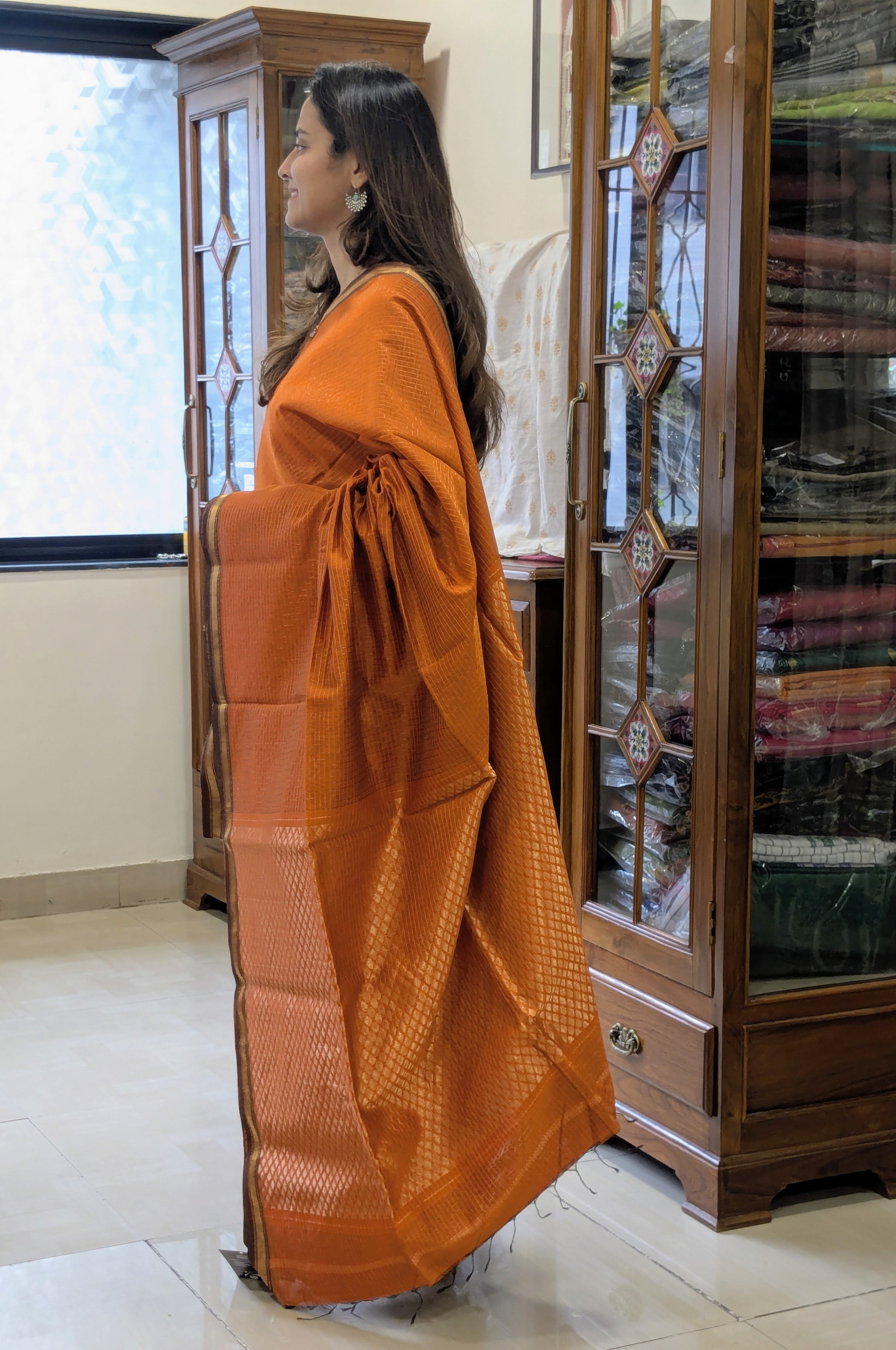 Maheshwari Zari Checks Orange Saree with Heavy Pallu