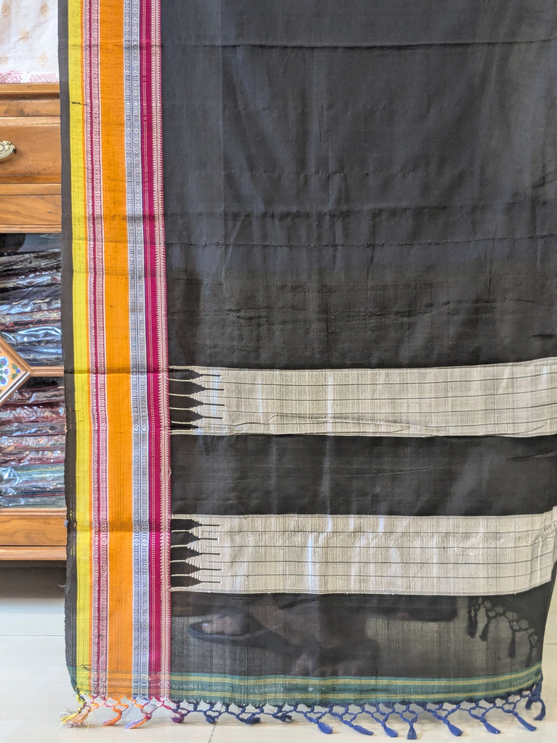 Handloom Black Ilkal Ganga Jamuna Border Saree