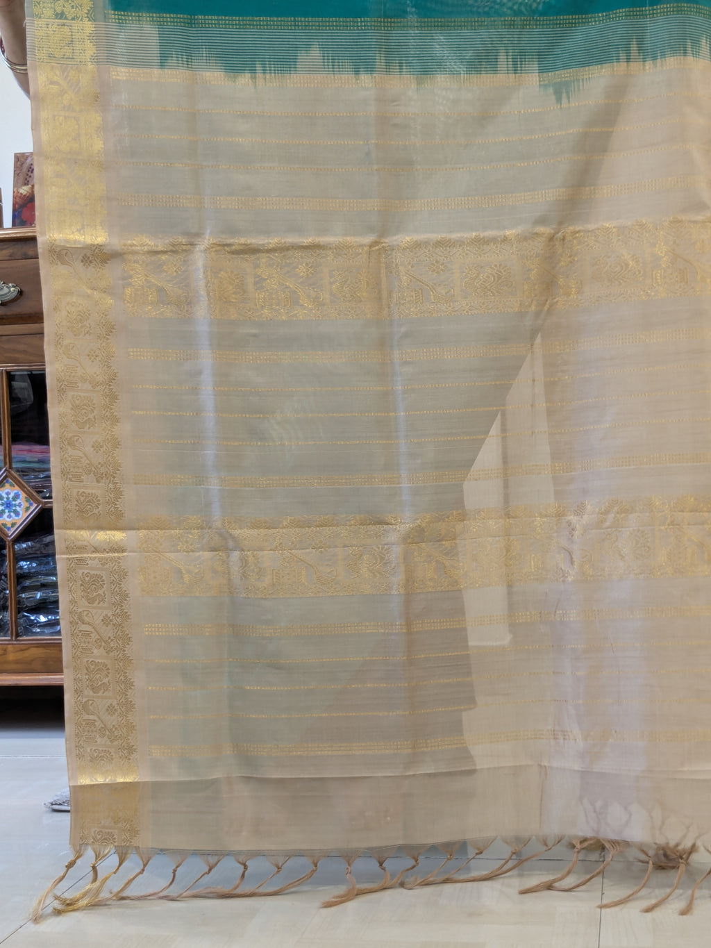 Green and Beige Silk Cotton Kanjivaram Saree