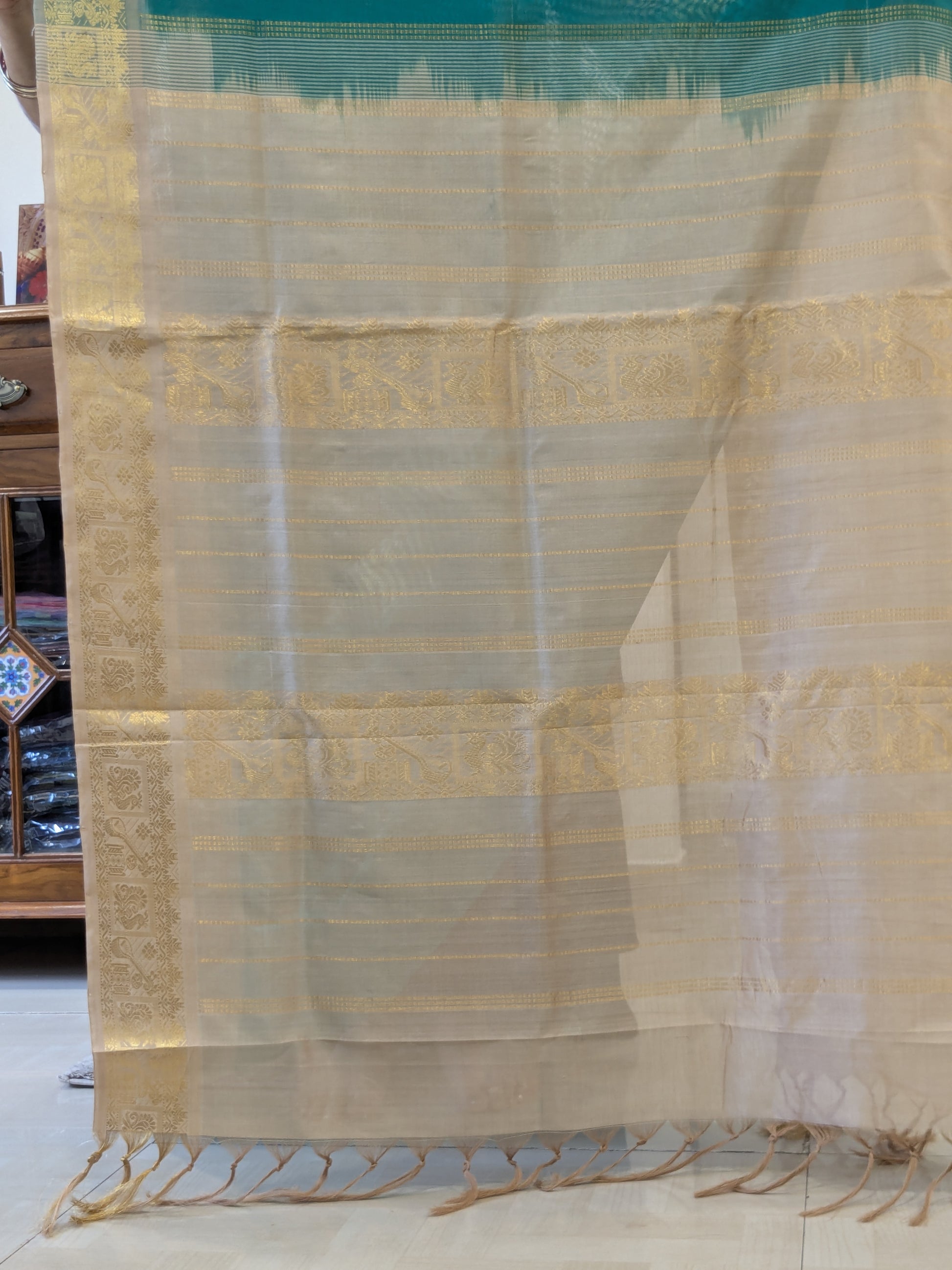 Green and Beige Silk Cotton Kanjivaram Saree