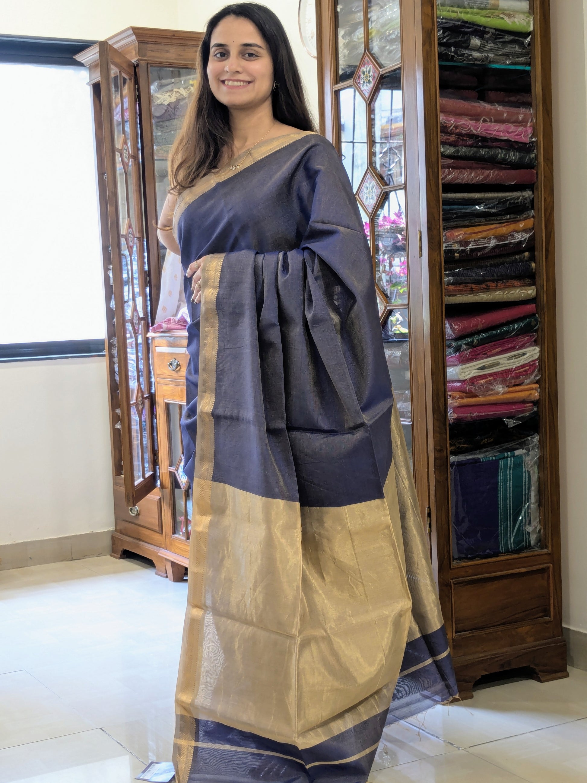 Maheshwari Royal Blue Tissue Cotton Saree