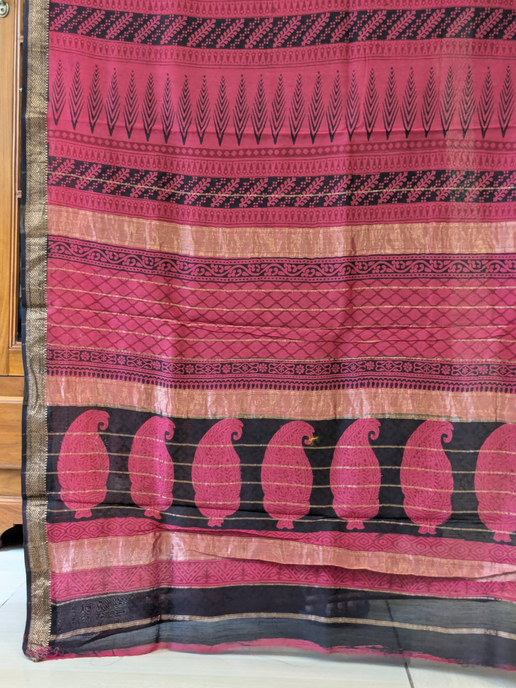 Maheshwari Magenta Handloom Bagh Handblock Print Saree