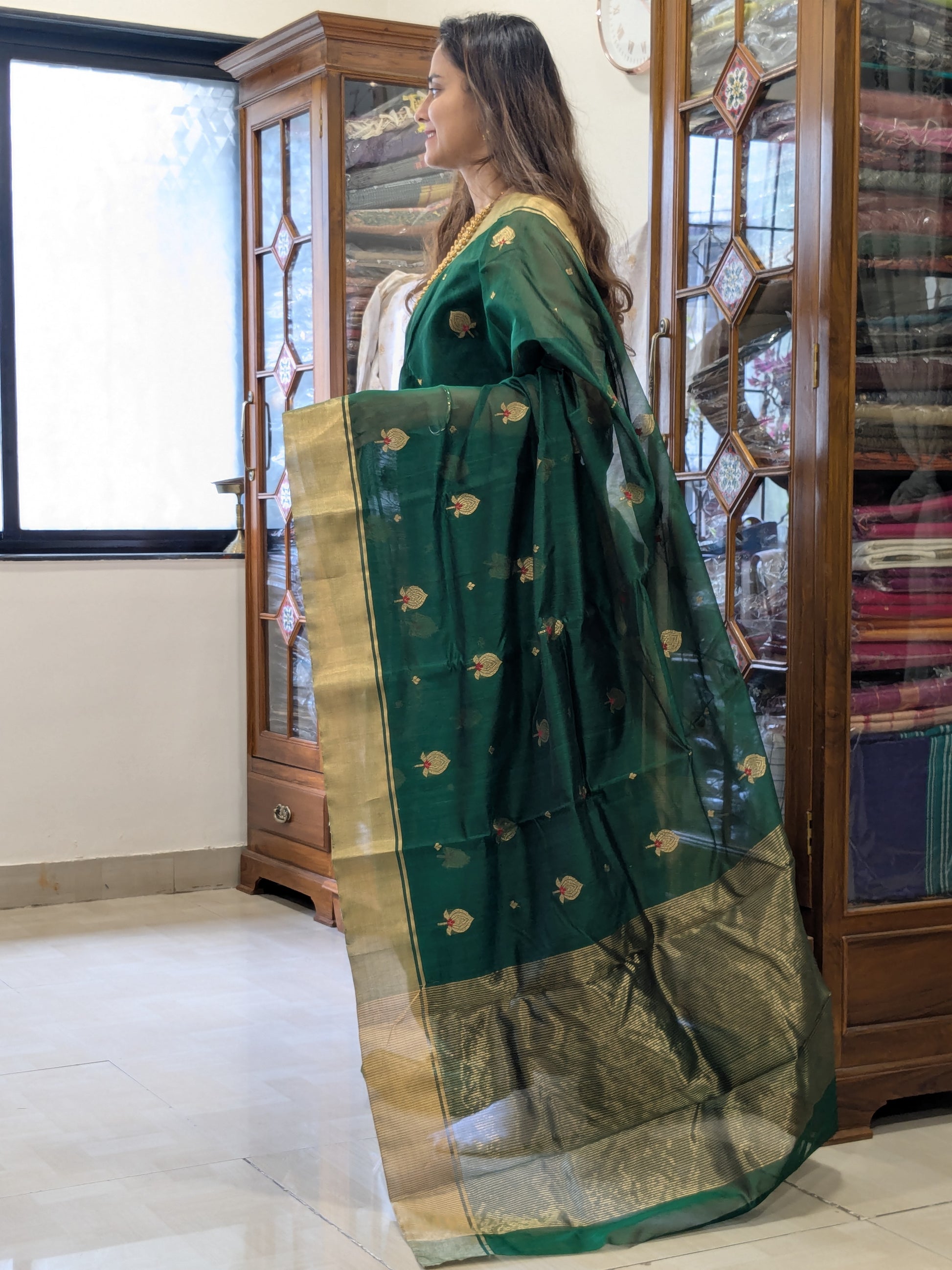 Dark Green Chanderi Cotton Silk Saree