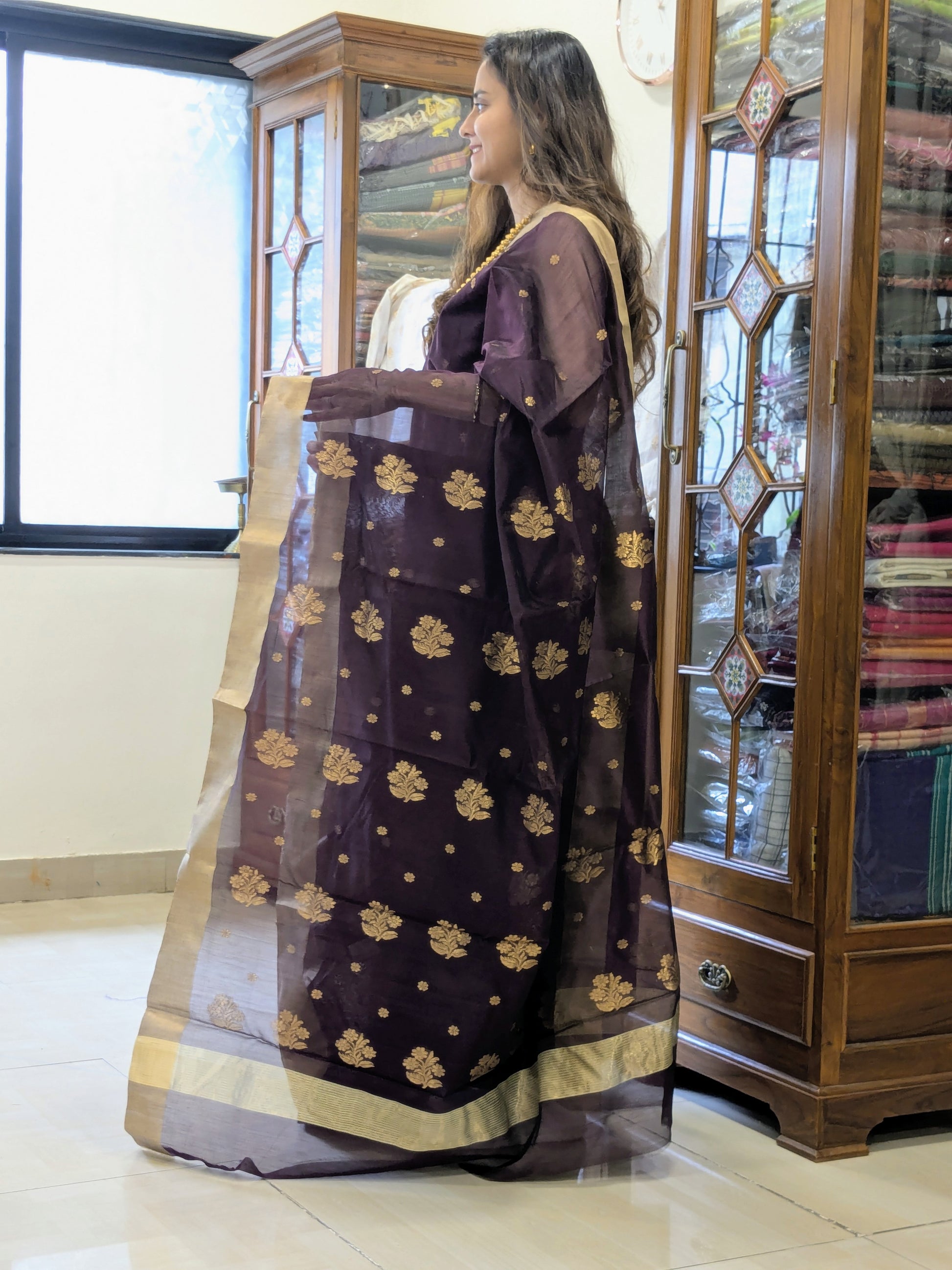 Brown Chanderi Cotton Silk Saree