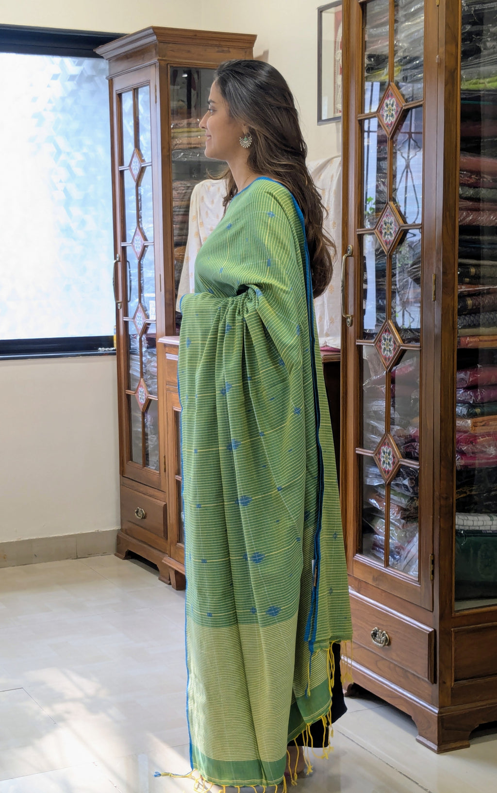 Handloom Pista Green Jamdani Saree with Checks