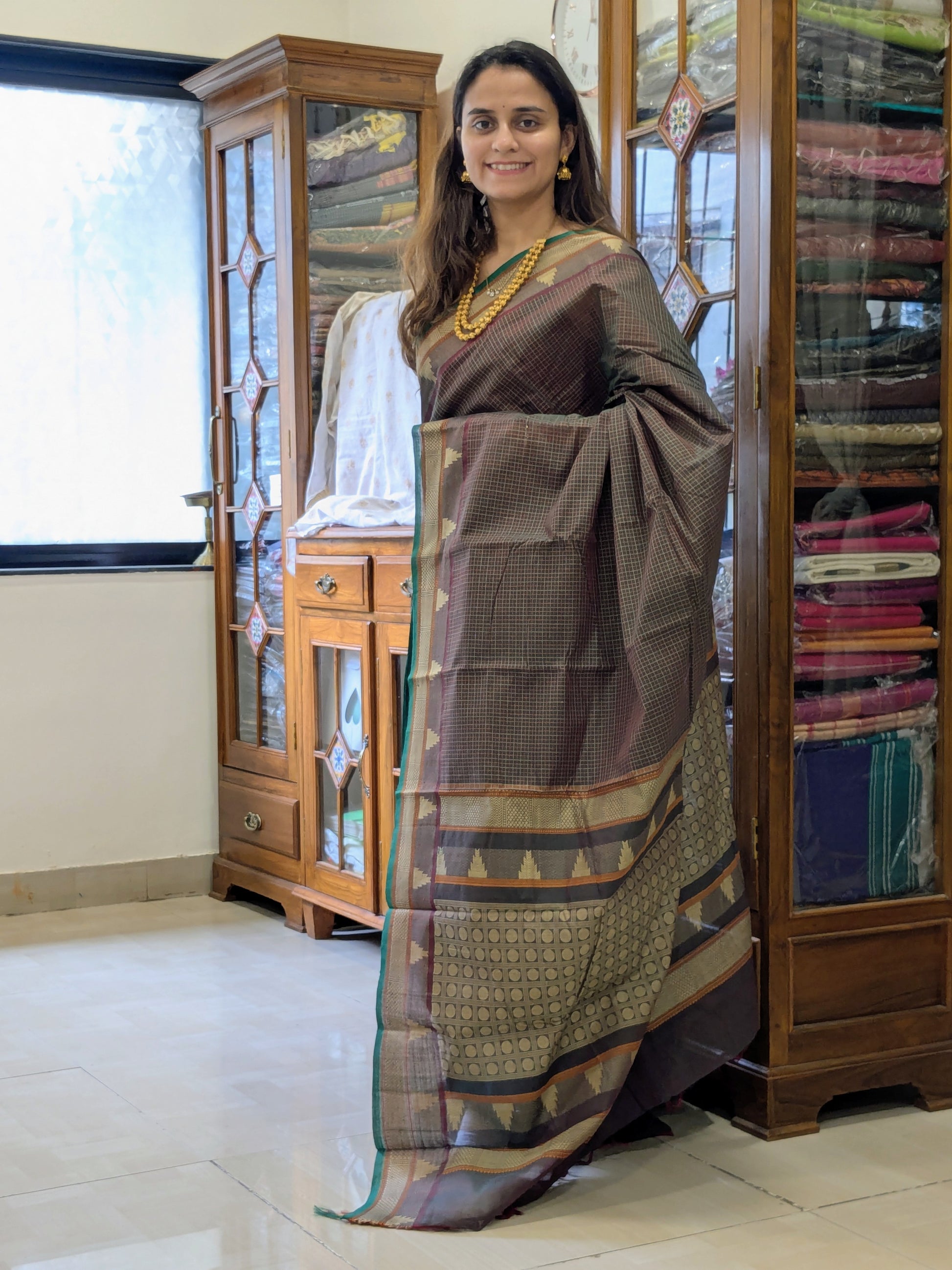 Handloom Cotton Brown Kanjeevaram Saree