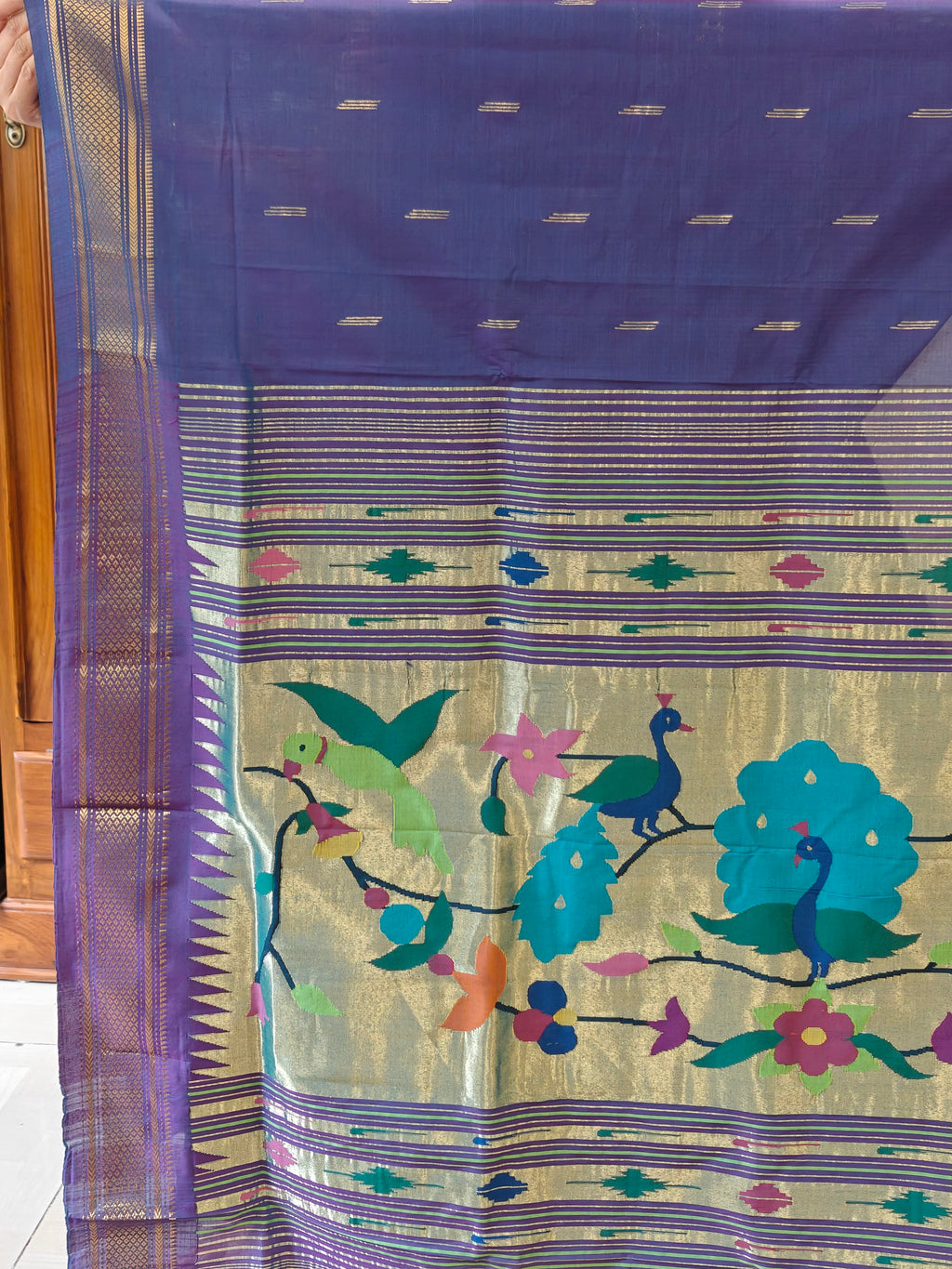 Pure Cotton Bluish Purple Asawali Paithani Saree