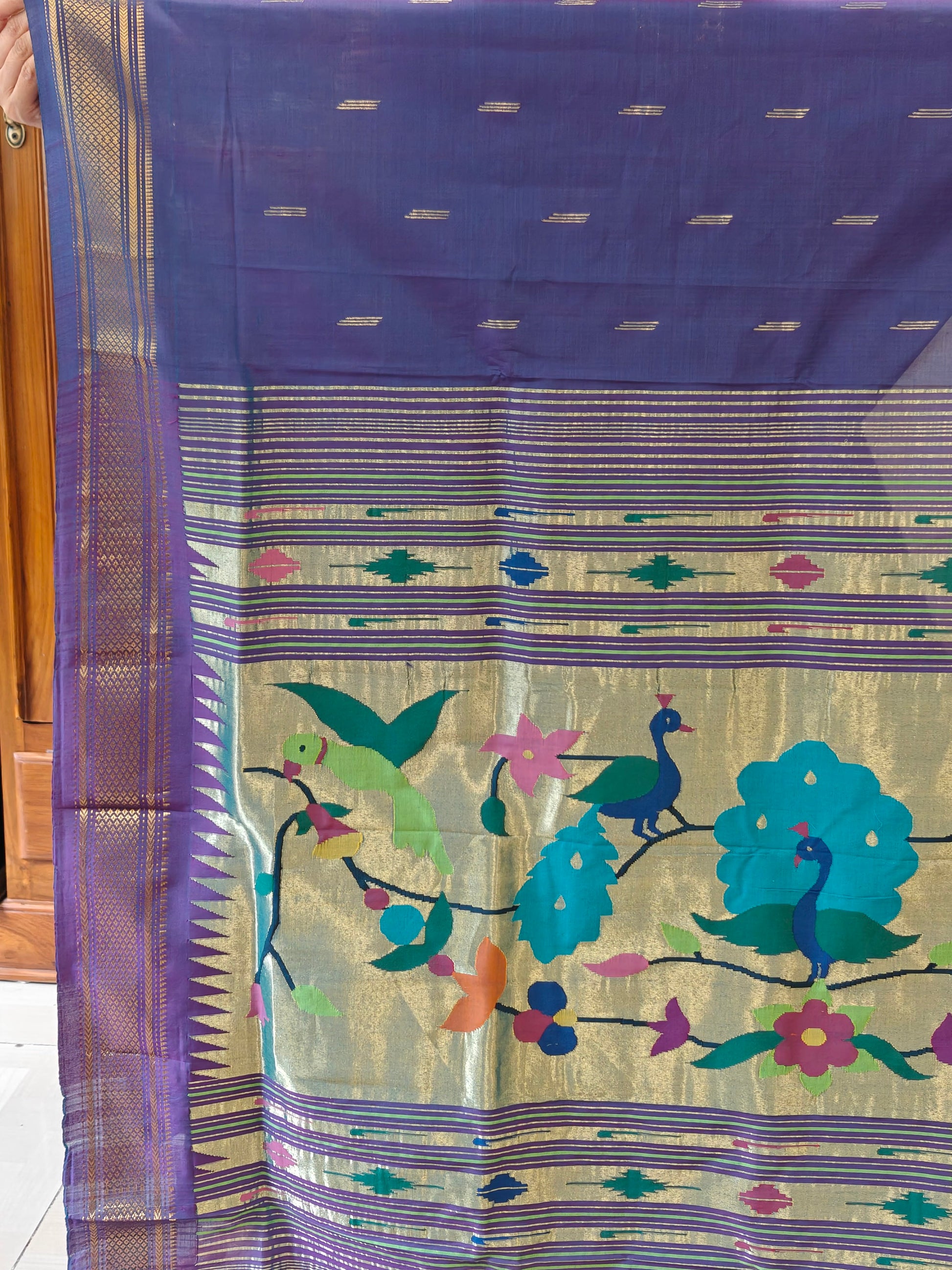 Pure Cotton Bluish Purple Asawali Paithani Saree