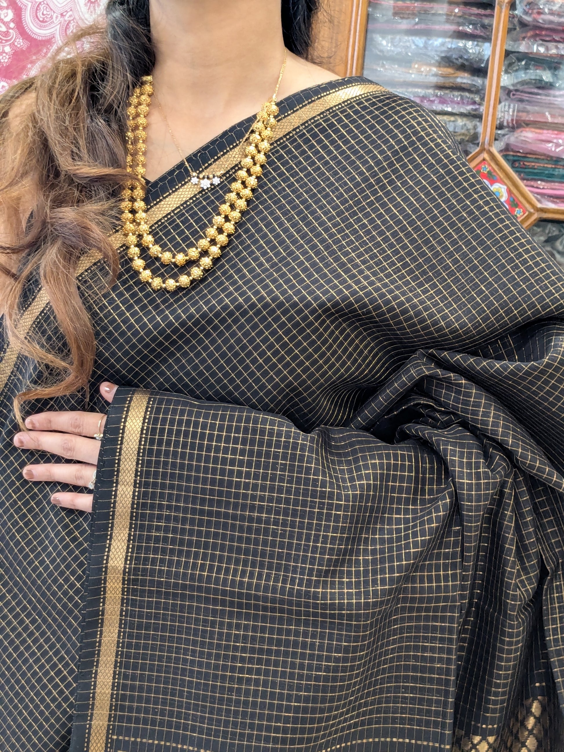 Maheshwari Handloom Black Gold Saree with Checks