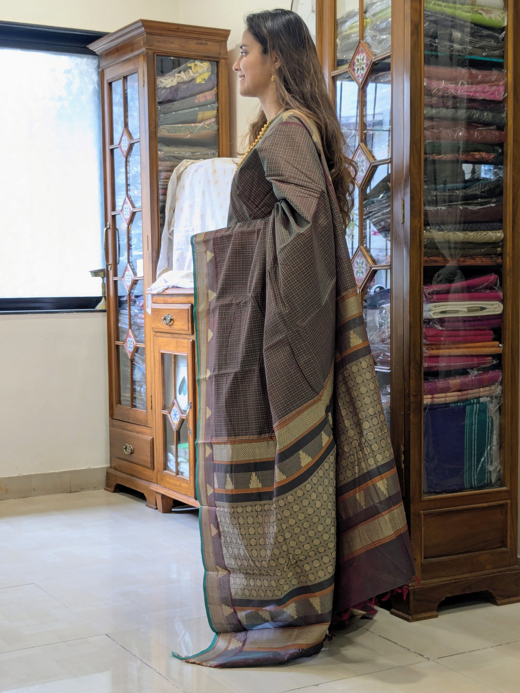 Handloom Cotton Brown Kanjeevaram Saree