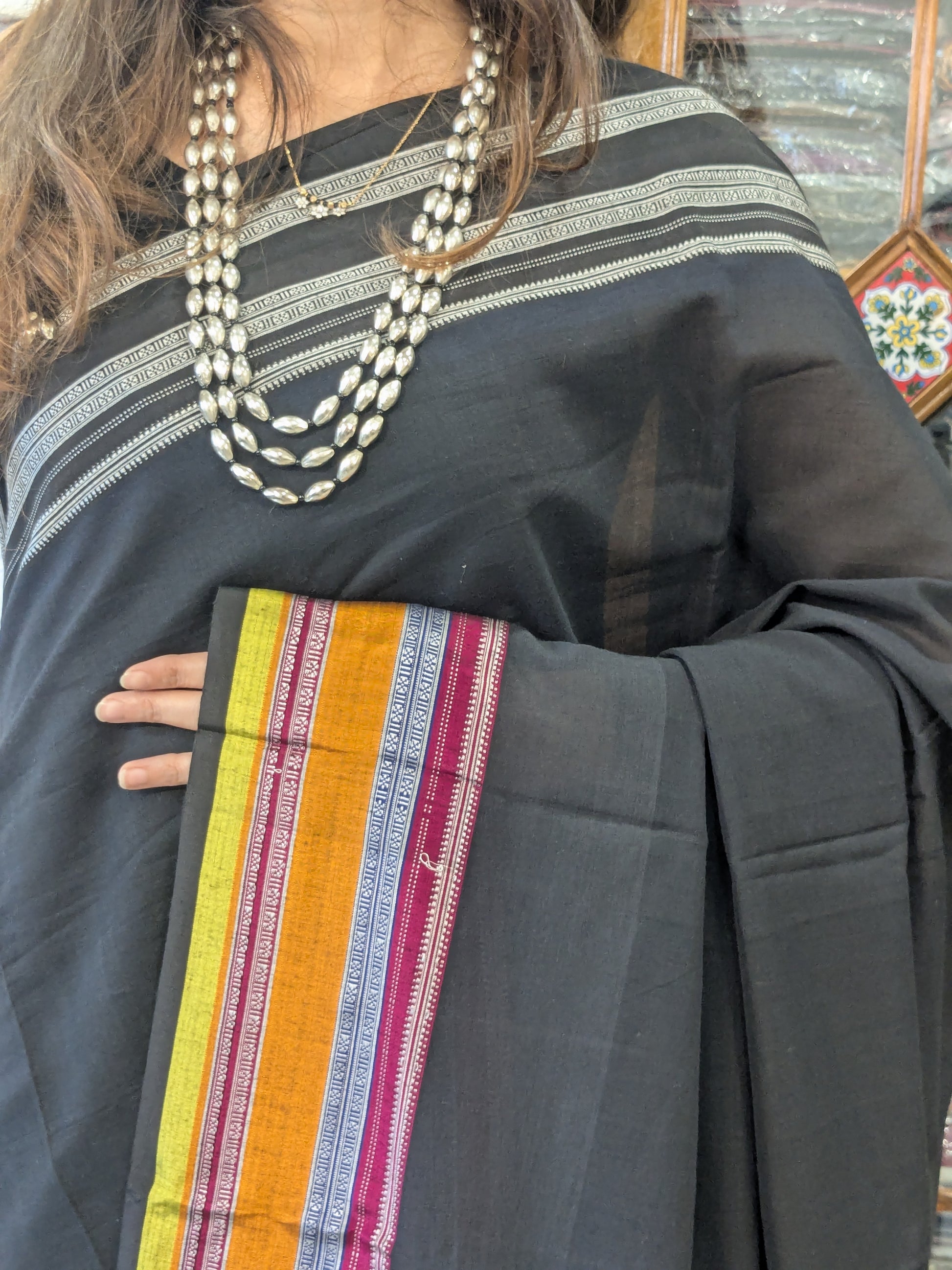 Handloom Black Ilkal Ganga Jamuna Border Saree