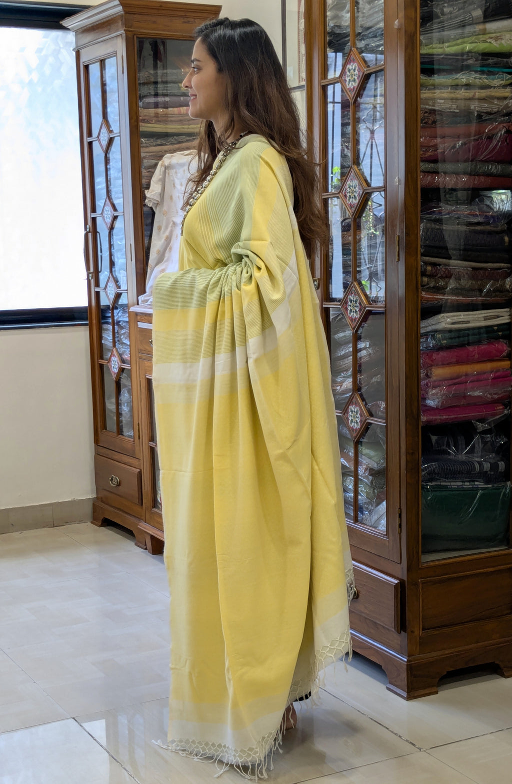 Handloom Yellow Jamdani Saree with Stripes