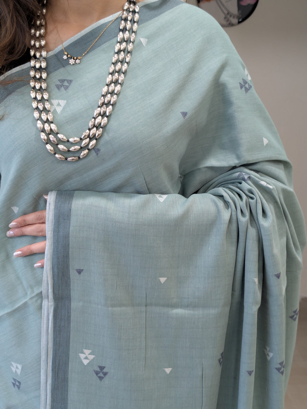 Handloom Sage Green Jamdani Saree with Butti