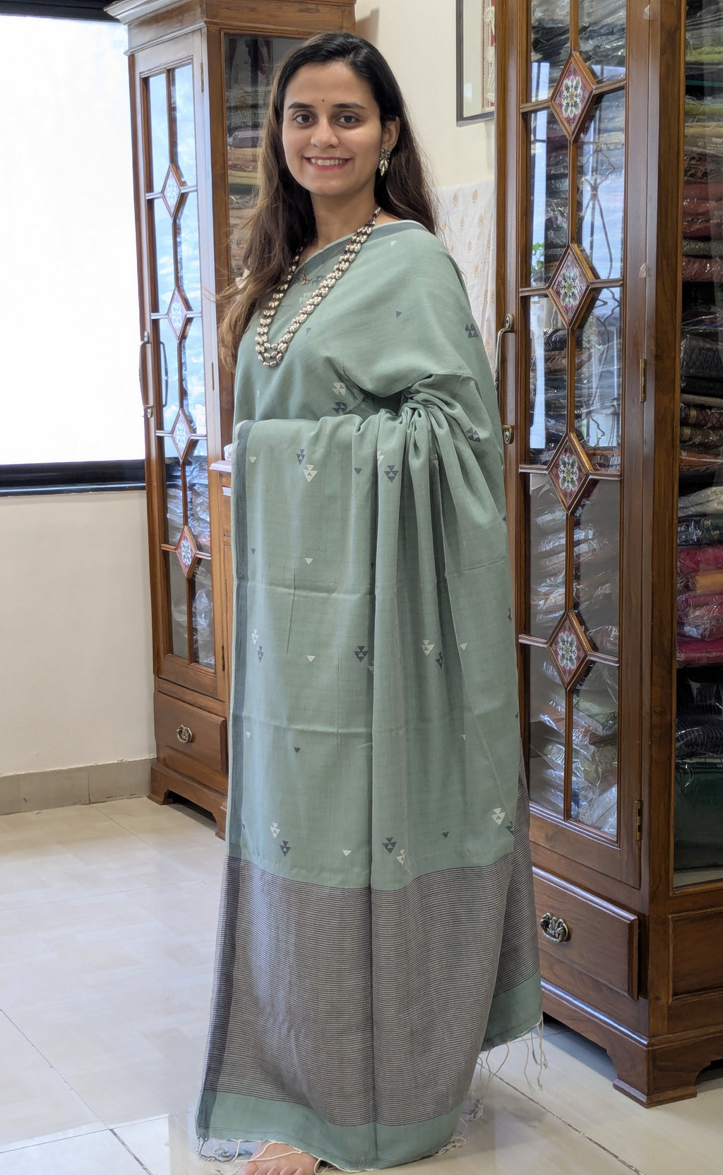 Handloom Sage Green Jamdani Saree with Butti