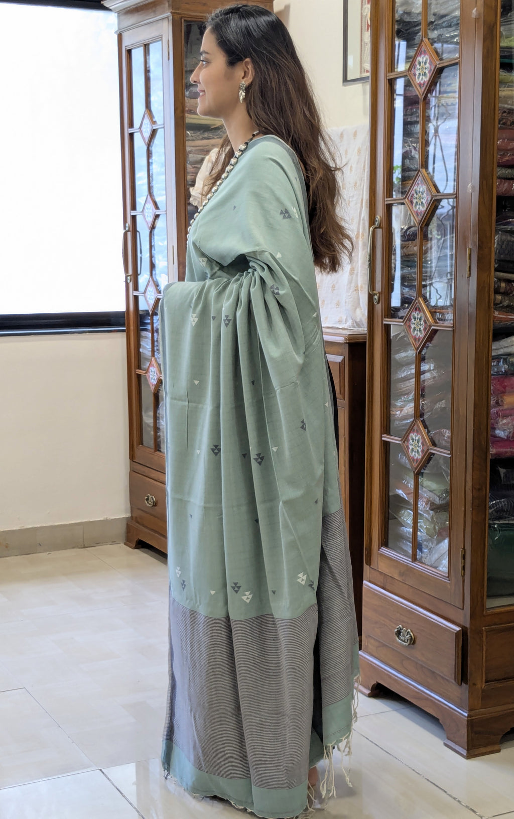 Handloom Sage Green Jamdani Saree with Butti