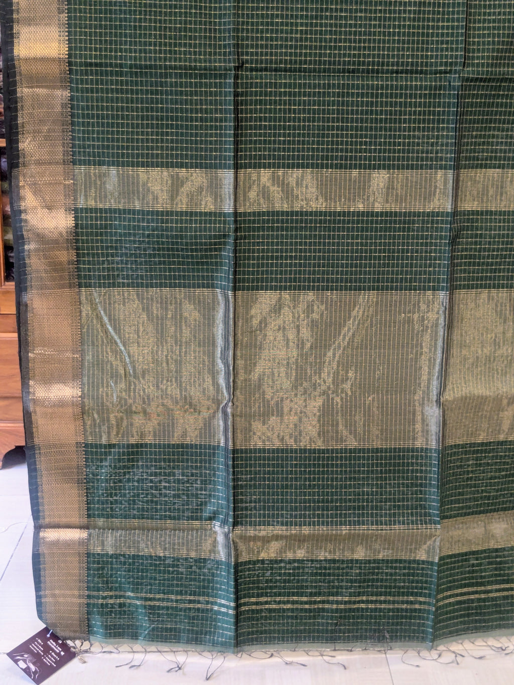 Handloom Dark Green Maheshwari Zari Checks Saree