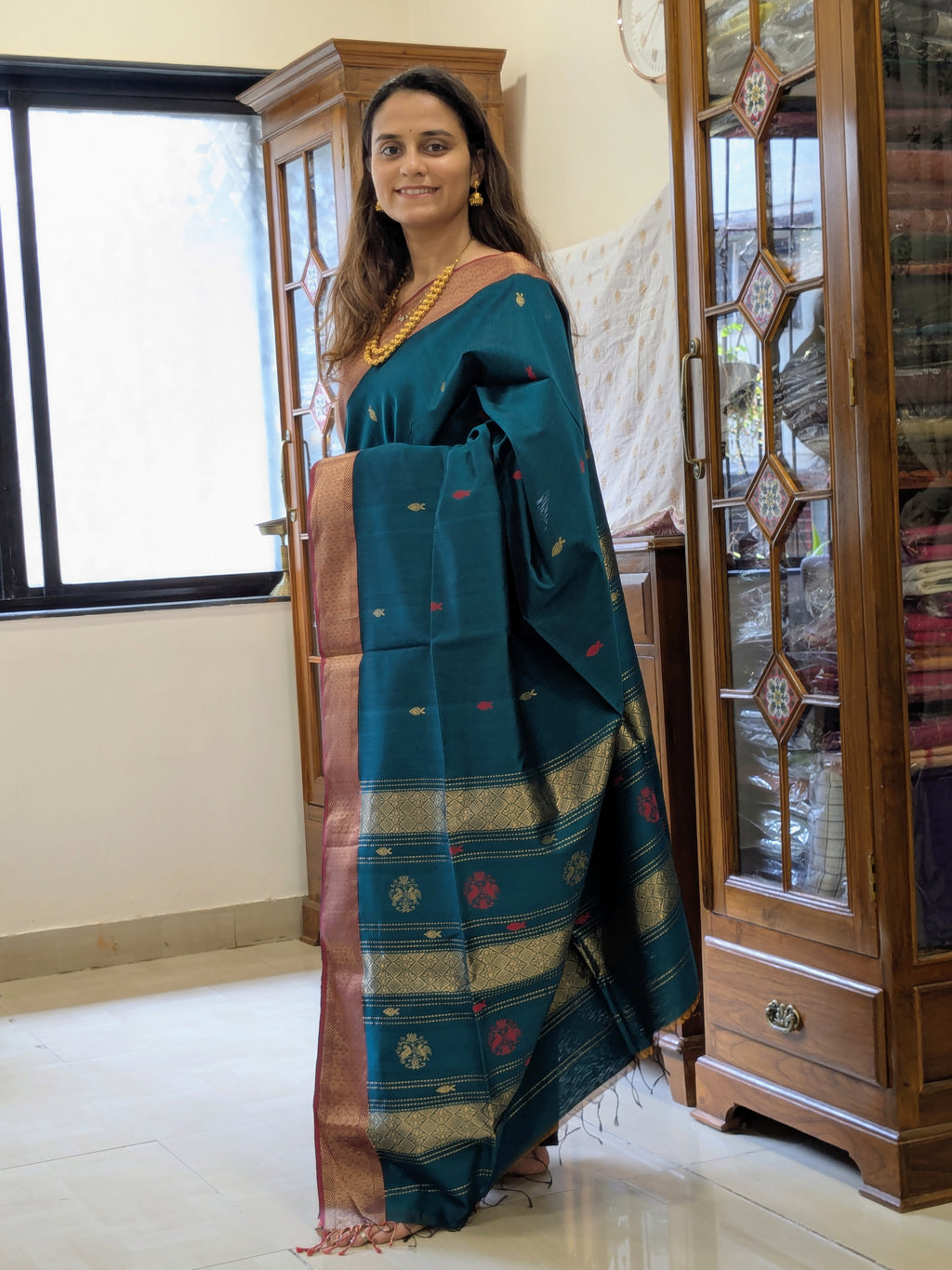Silk Cotton Handloom Green Maheshwari Saree