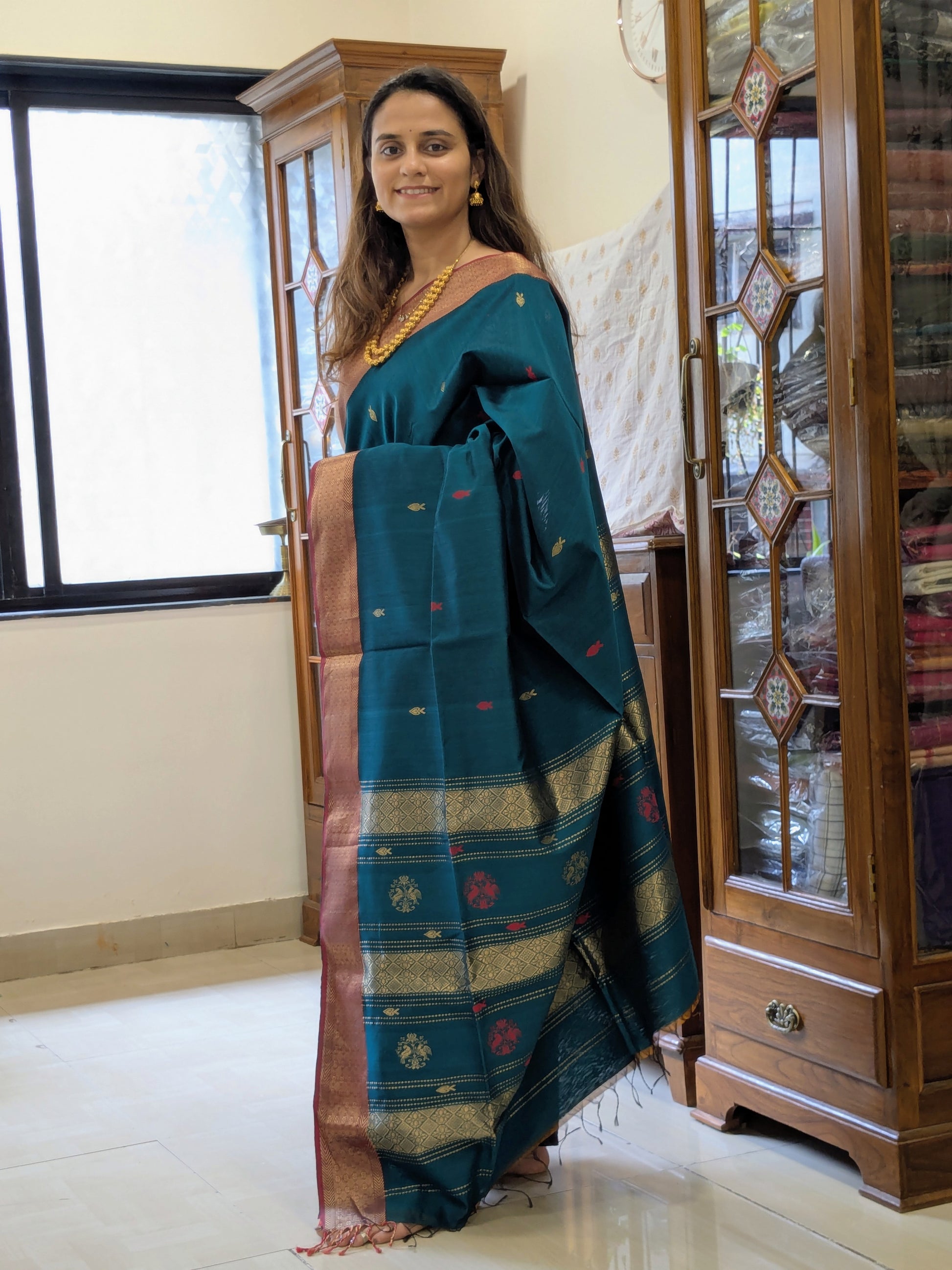 Silk Cotton Handloom Green Maheshwari Saree