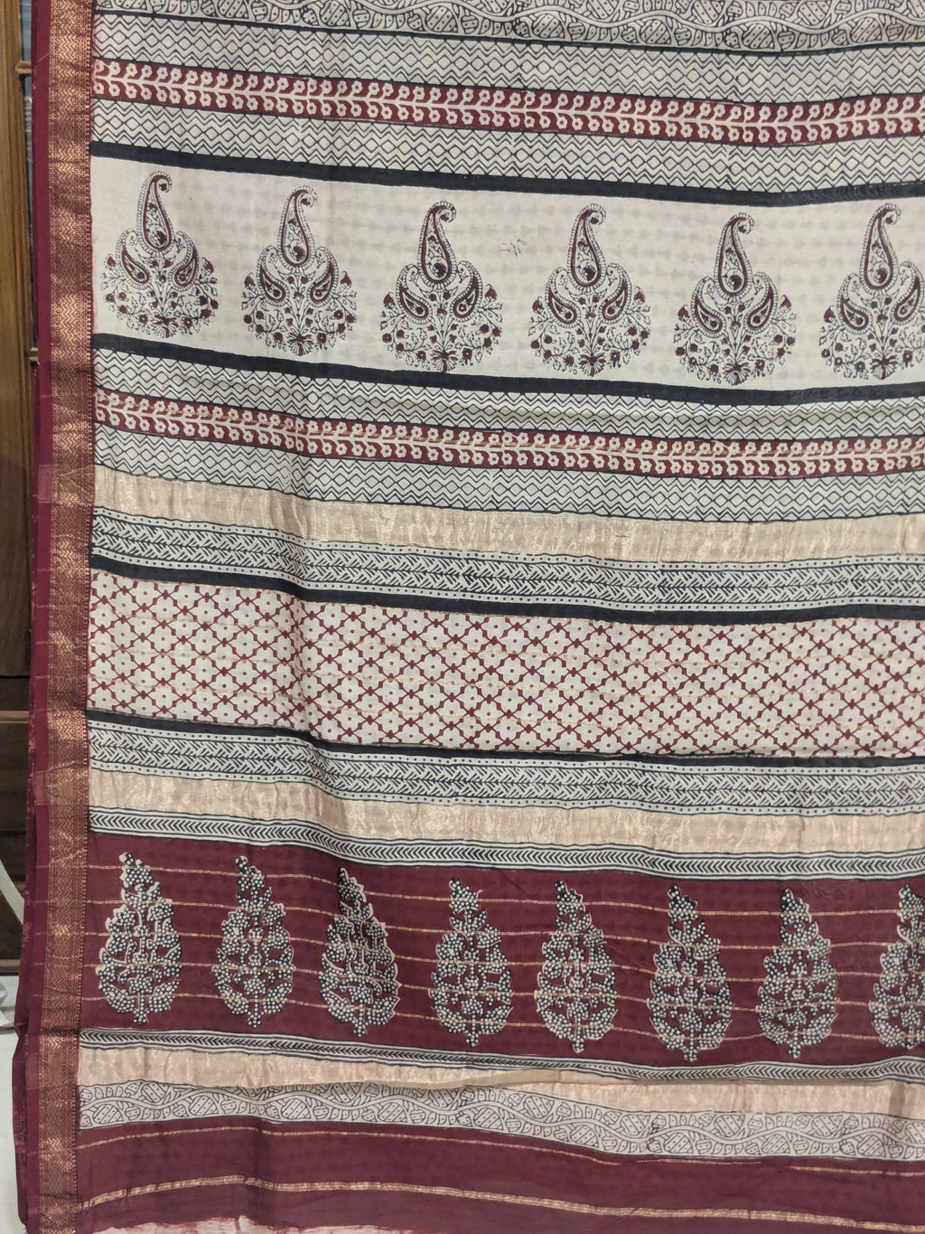 Maheshwari Maroon Handloom Bagh Handblock Print Saree