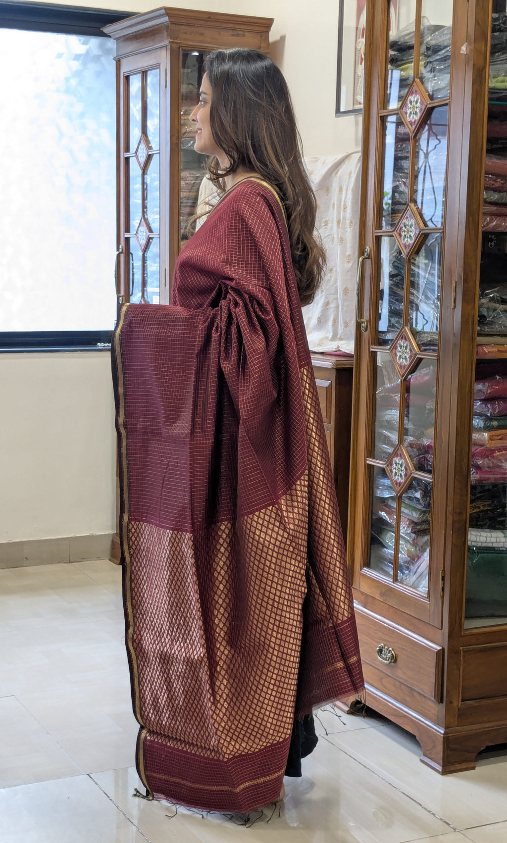 Maheshwari Zari Checks Maroon Saree with Heavy Pallu