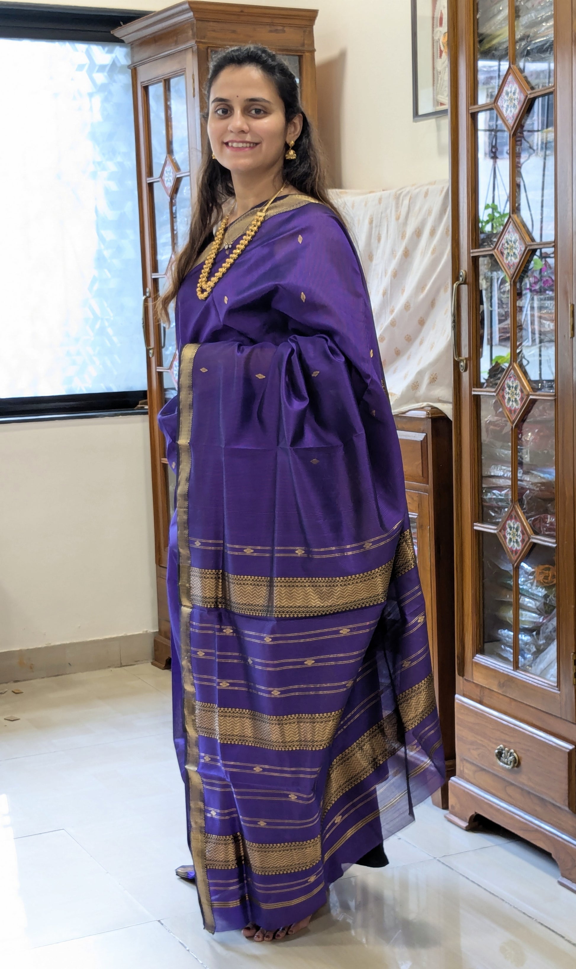 Garbh Reshmi with Butti Purple Maheshwari Handloom Saree