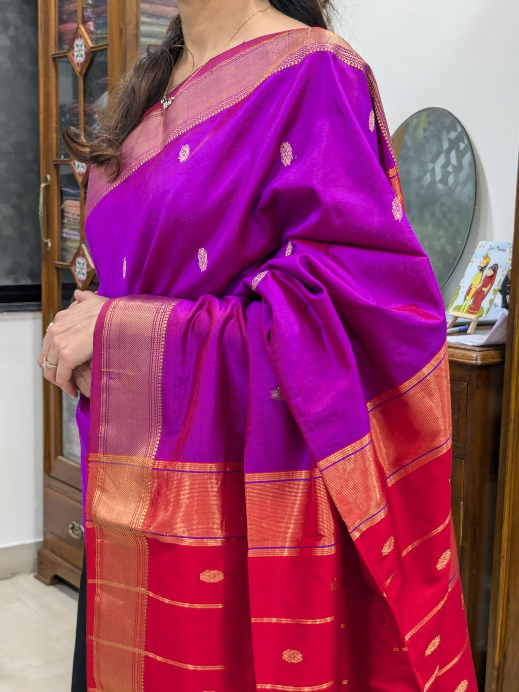 Maheshwari Purple Pure Silk Saree with Red Pallu