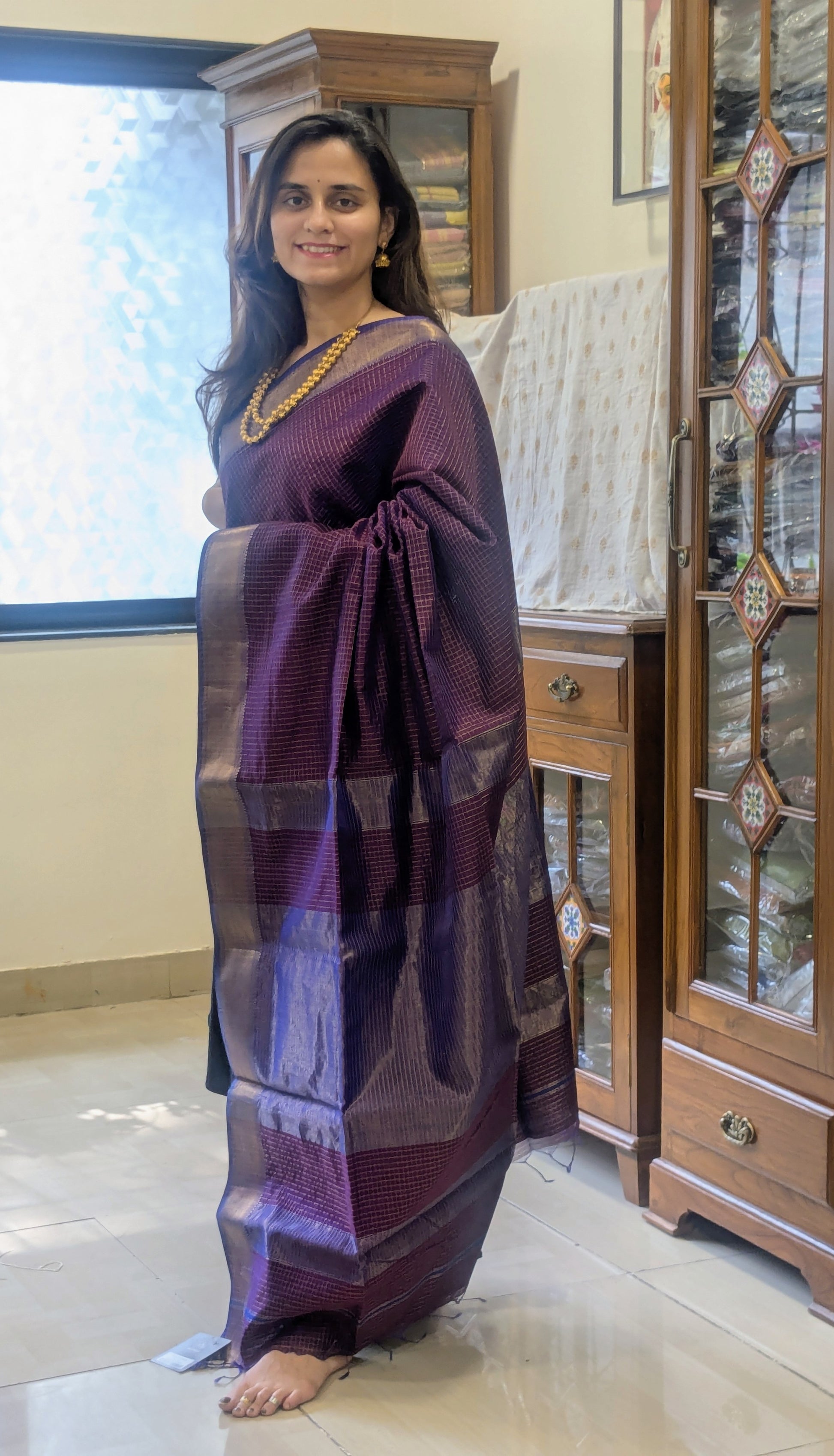 Handloom Purple Maheshwari Zari Checks Saree