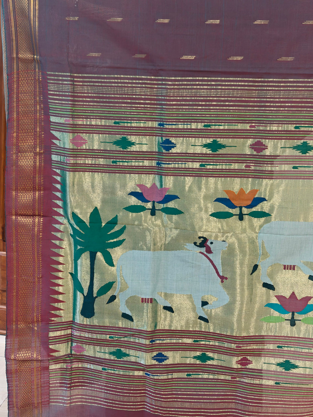 Cotton Paithani Reddish Green Dhoop Chhav Saree with Pichwai Padar