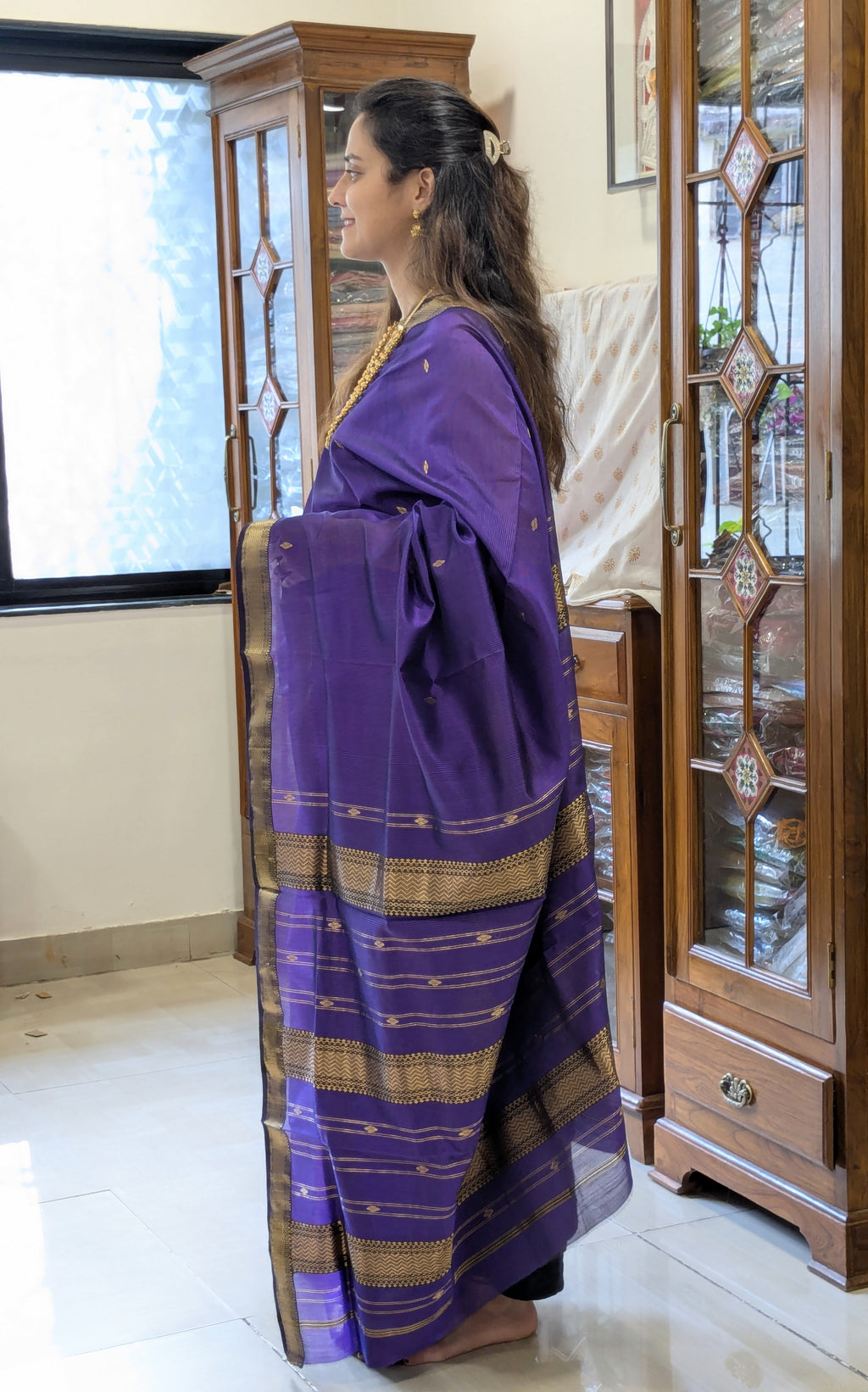 Garbh Reshmi with Butti Purple Maheshwari Handloom Saree