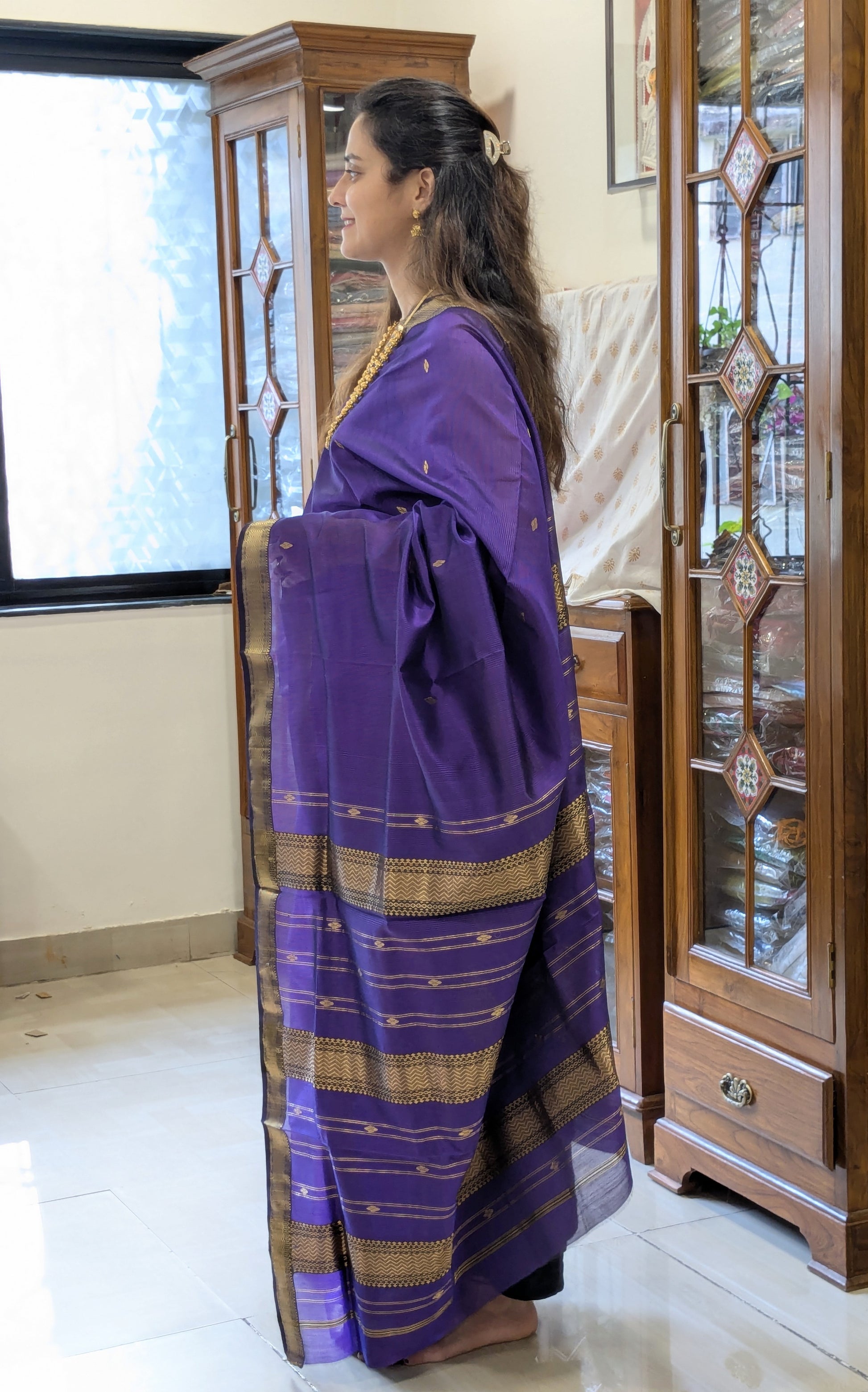 Garbh Reshmi with Butti Purple Maheshwari Handloom Saree