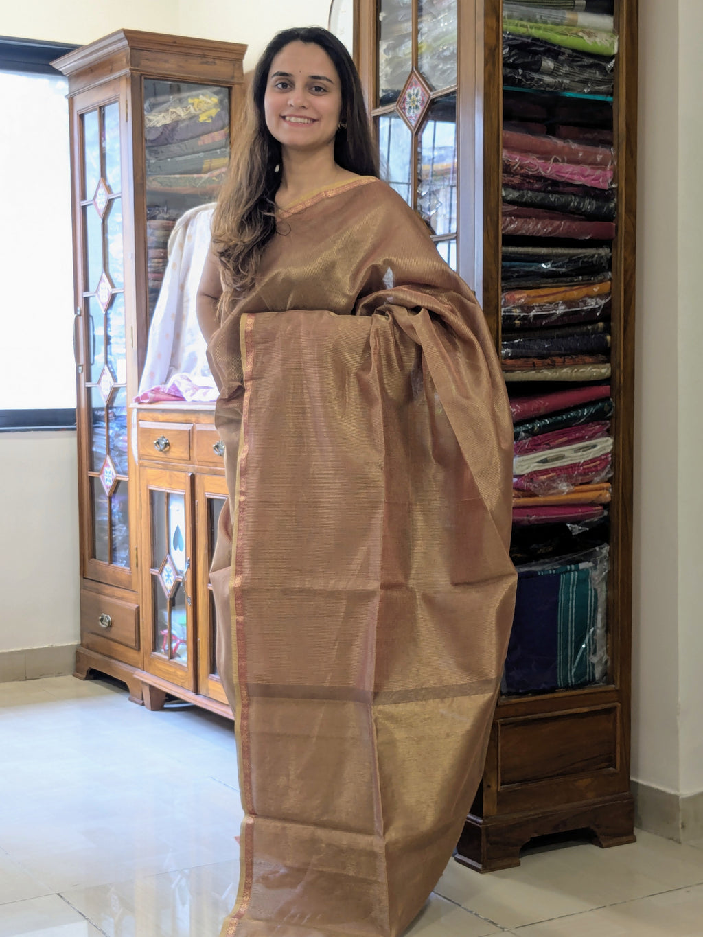 Maheshwari Beige Tissue Silk Saree