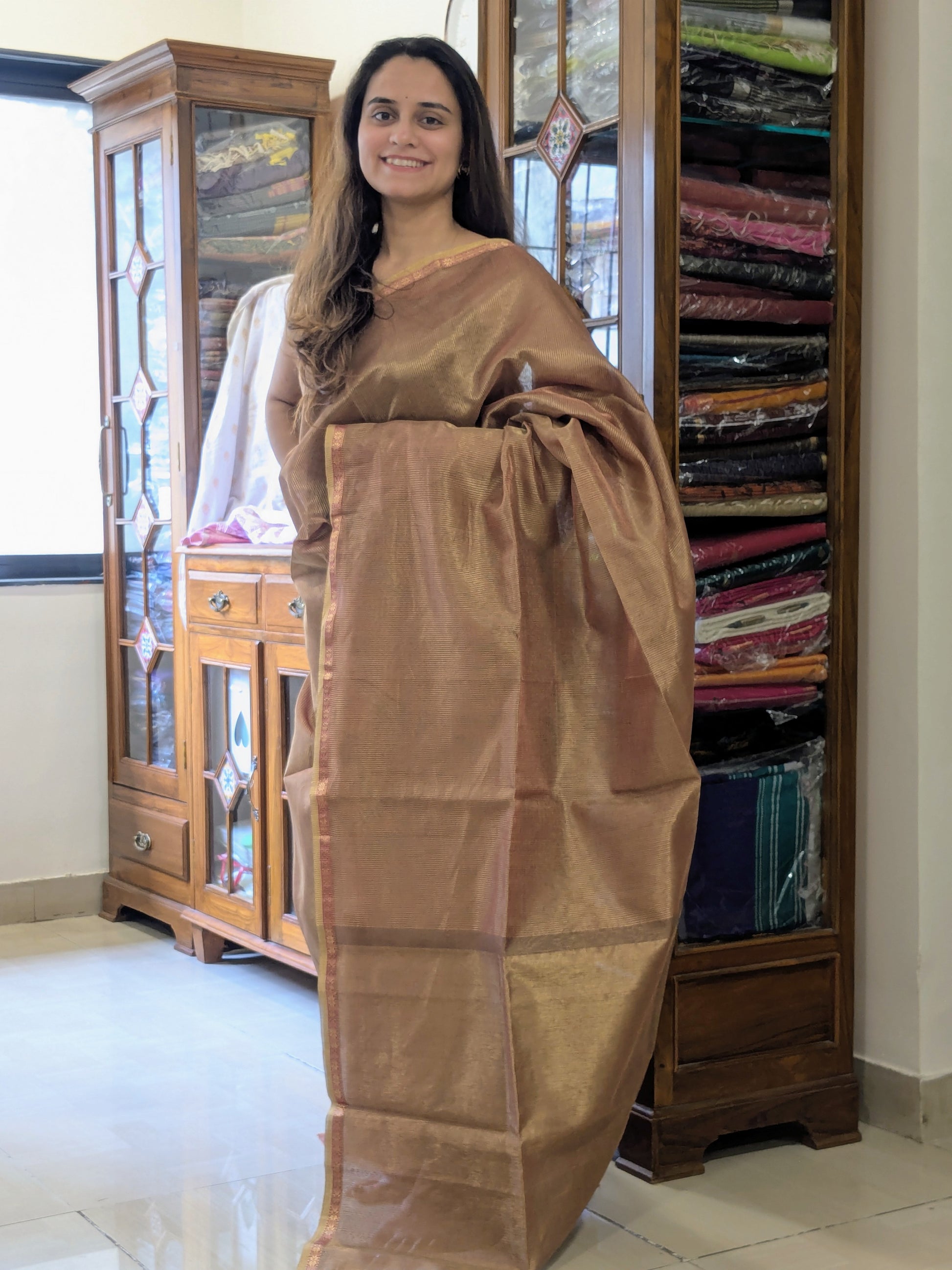 Maheshwari Beige Tissue Silk Saree