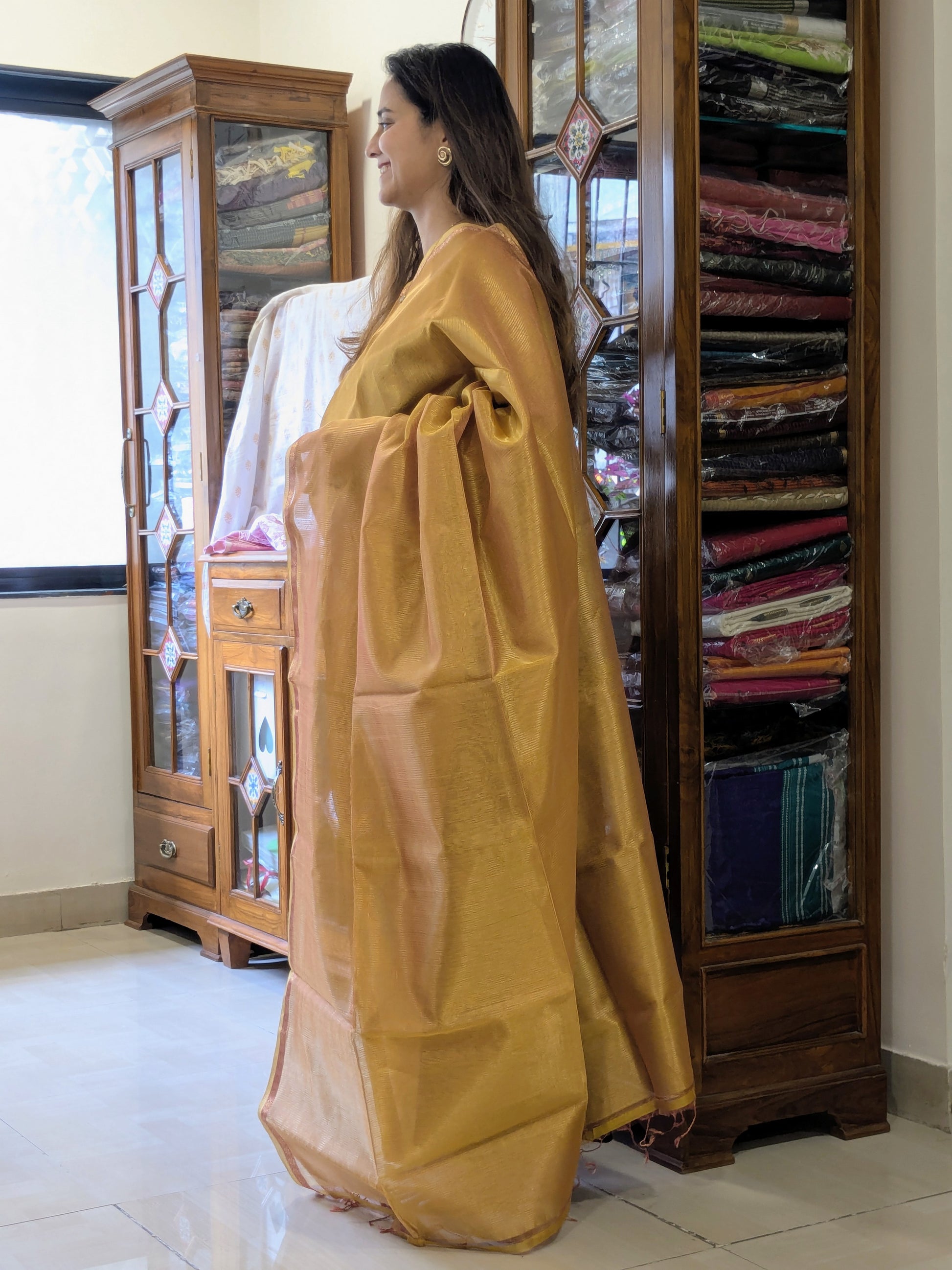 Maheshwari Yellow Tissue Silk Saree