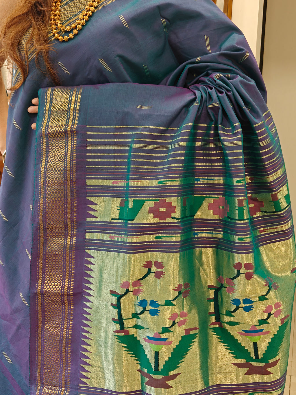 Pure Cotton Greenish Purple Asawali Paithani Saree